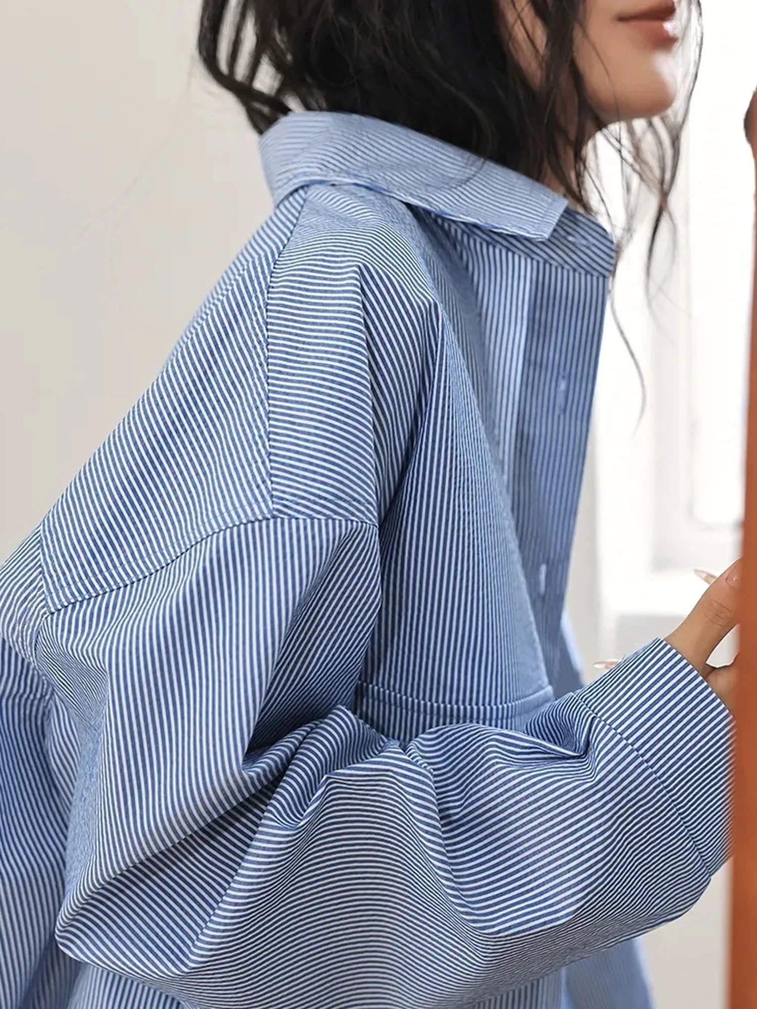 FU FRESH UP Oversize Striped Cotton Shirt Wide Leg Pants Set