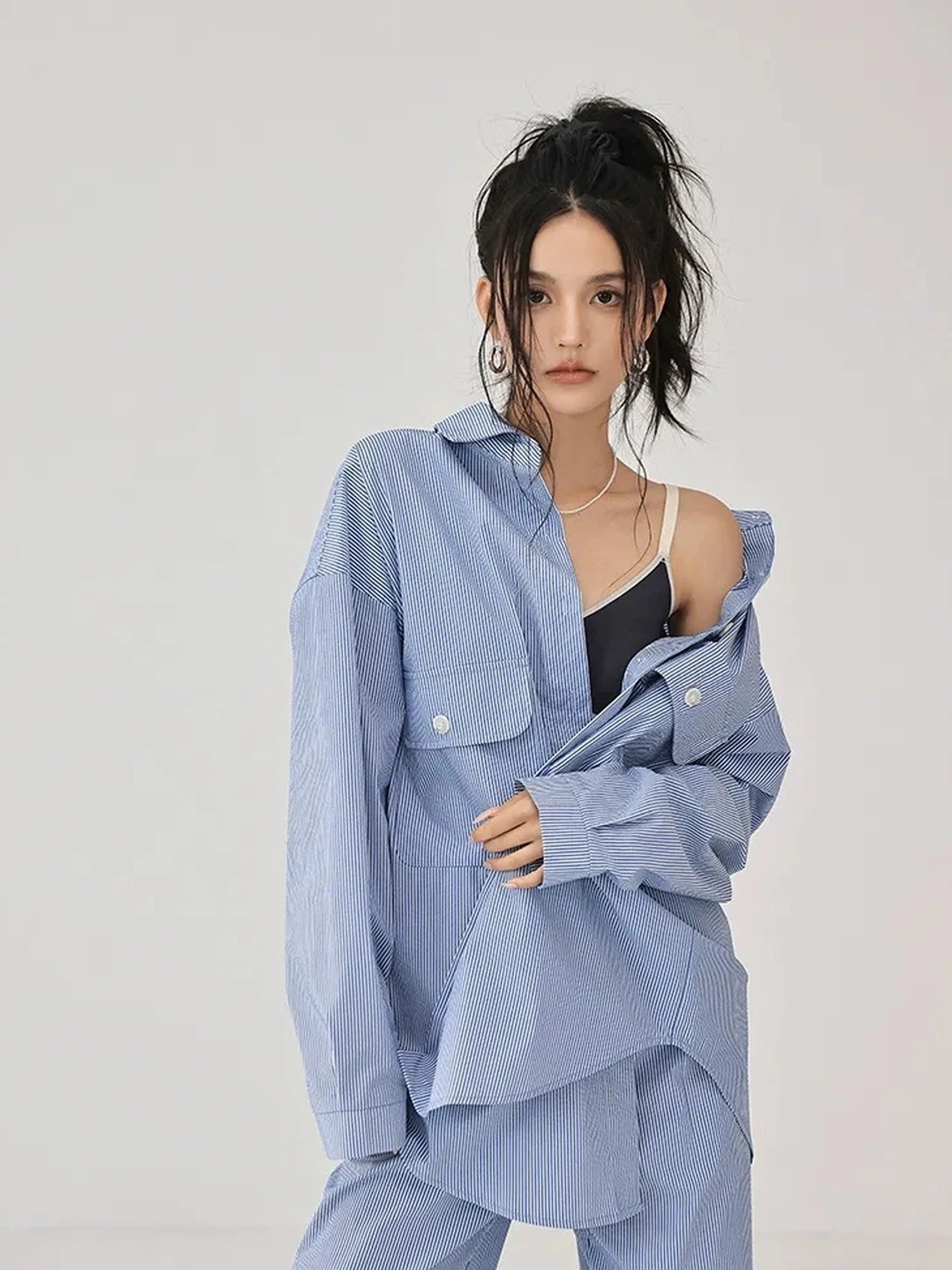 FU FRESH UP Oversize Striped Cotton Shirt Wide Leg Pants Set