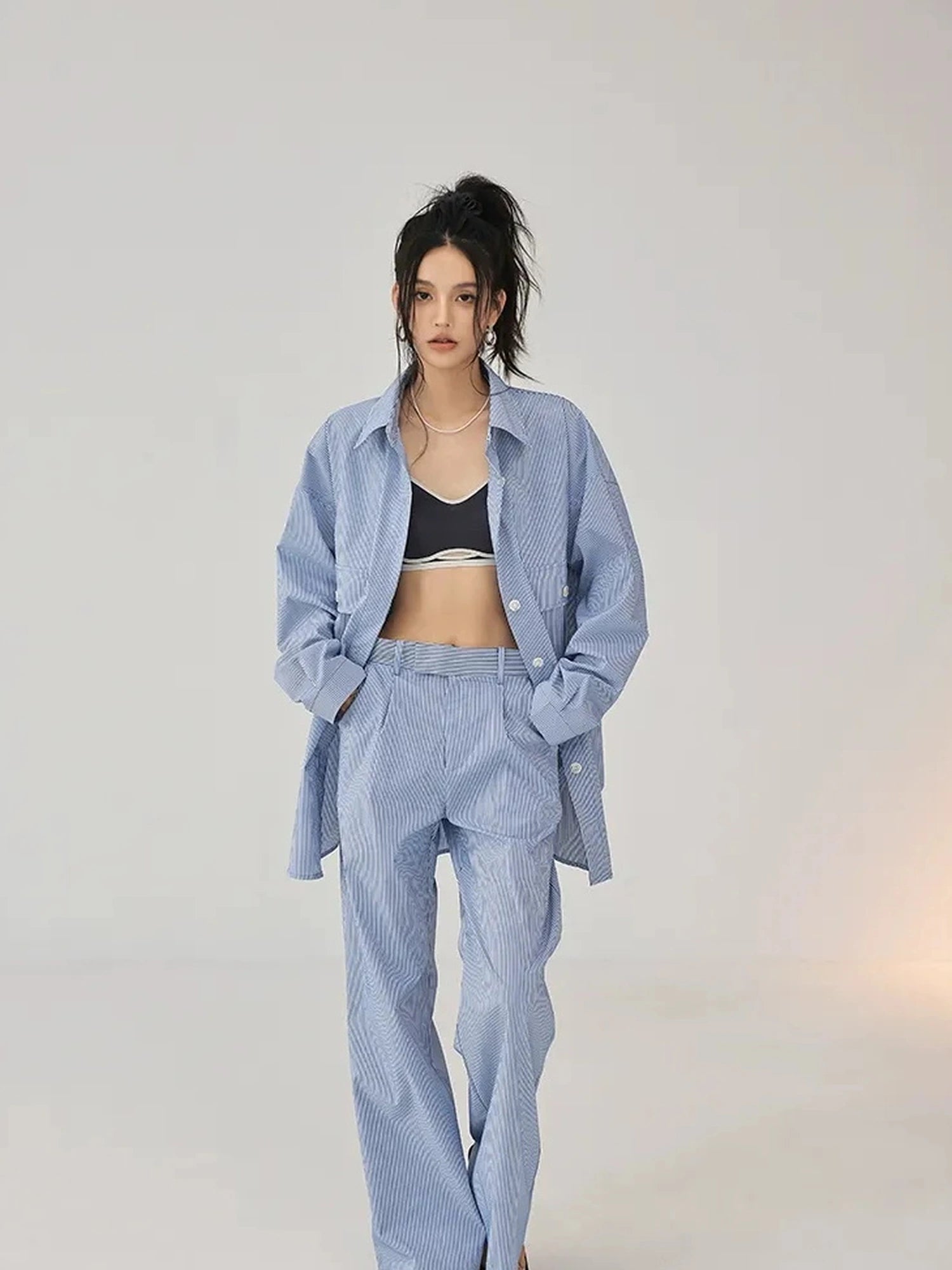 FU FRESH UP Oversize Striped Cotton Shirt Wide Leg Pants Set
