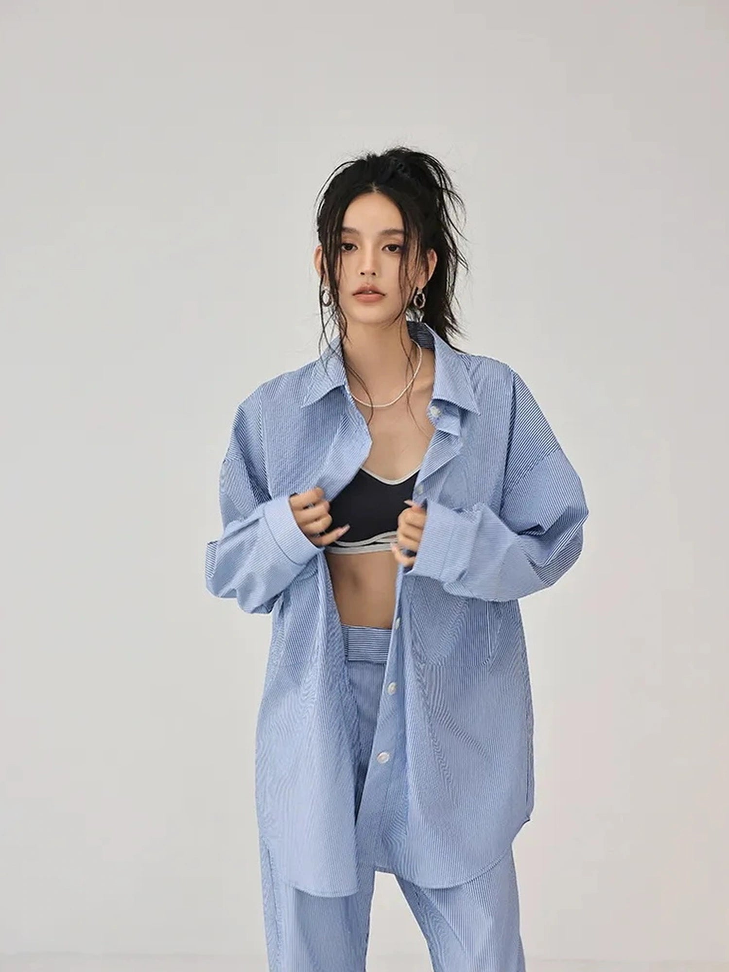 FU FRESH UP Oversize Striped Cotton Shirt Wide Leg Pants Set