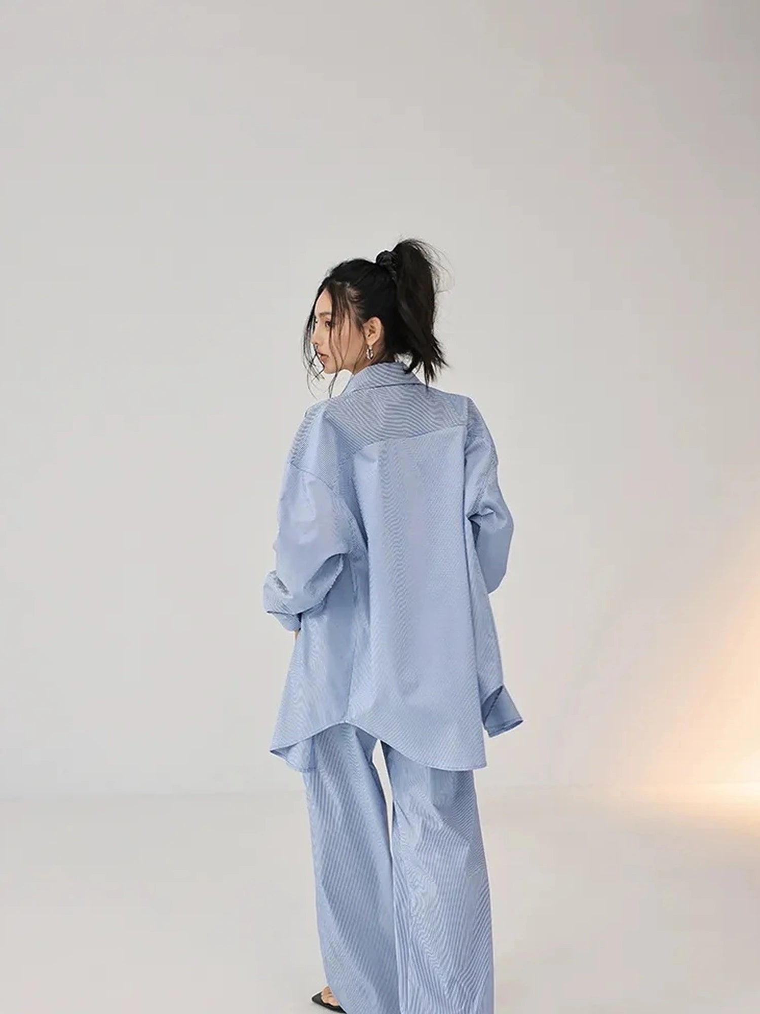 FU FRESH UP Oversize Striped Cotton Shirt Wide Leg Pants Set