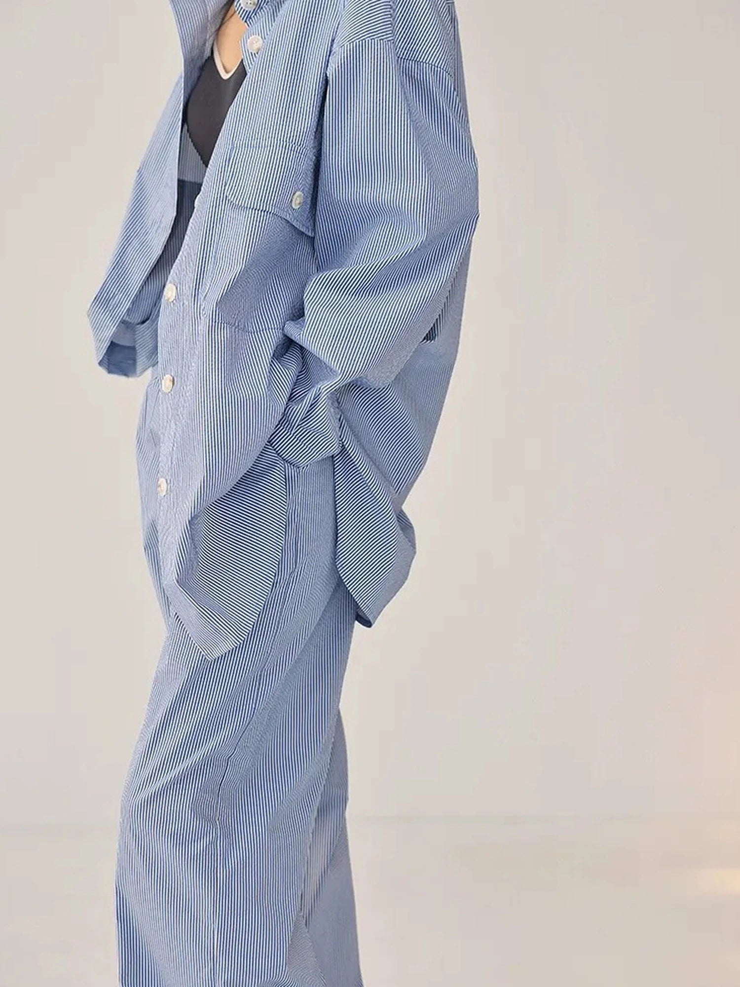 FU FRESH UP Oversize Striped Cotton Shirt Wide Leg Pants Set