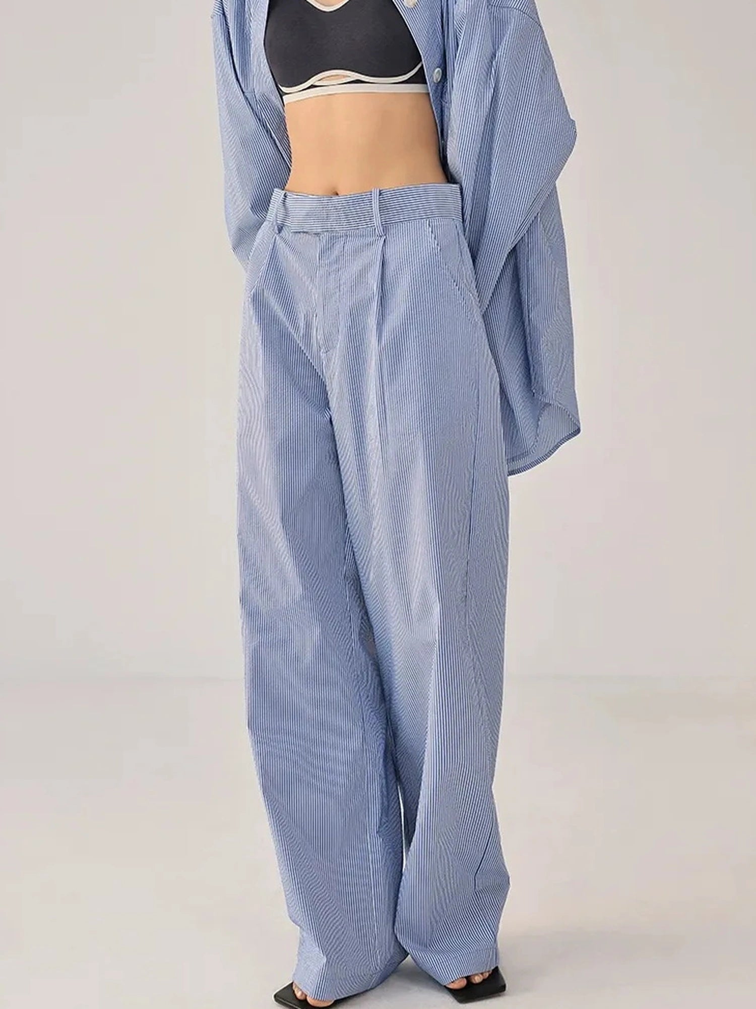 FU FRESH UP Oversize Striped Cotton Shirt Wide Leg Pants Set