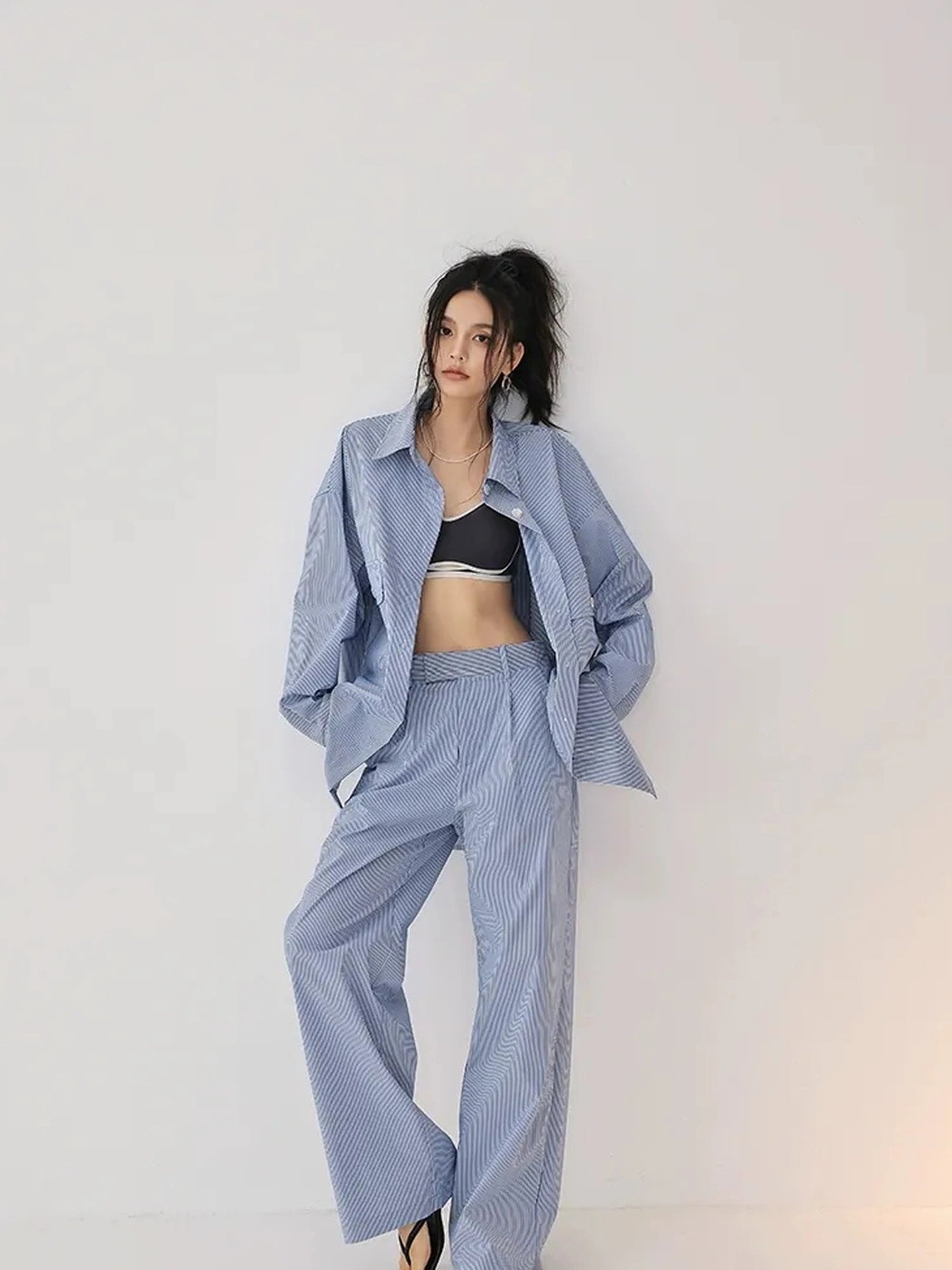 FU FRESH UP Oversize Striped Cotton Shirt Wide Leg Pants Set