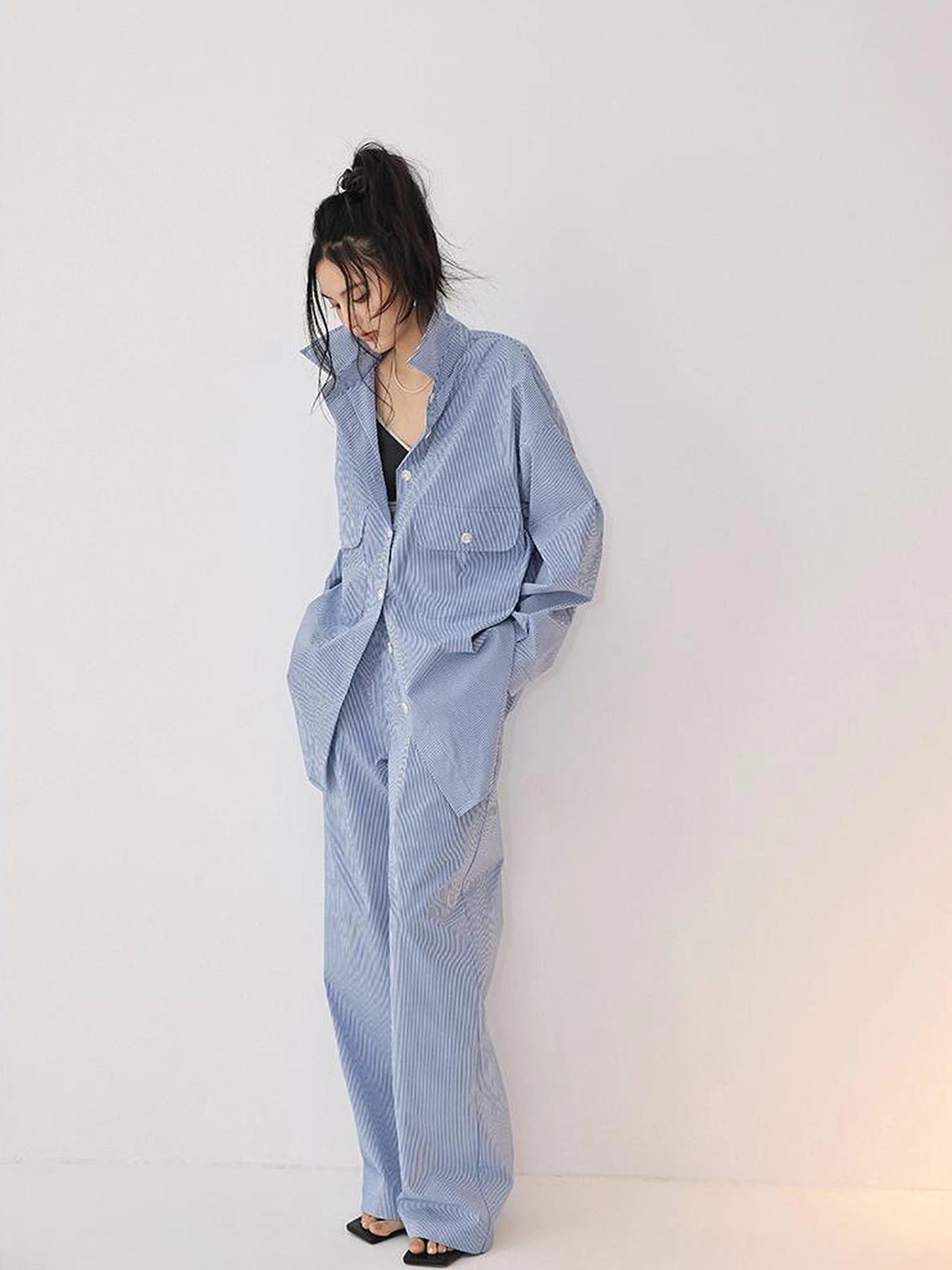 FU FRESH UP Oversize Striped Cotton Shirt Wide Leg Pants Set