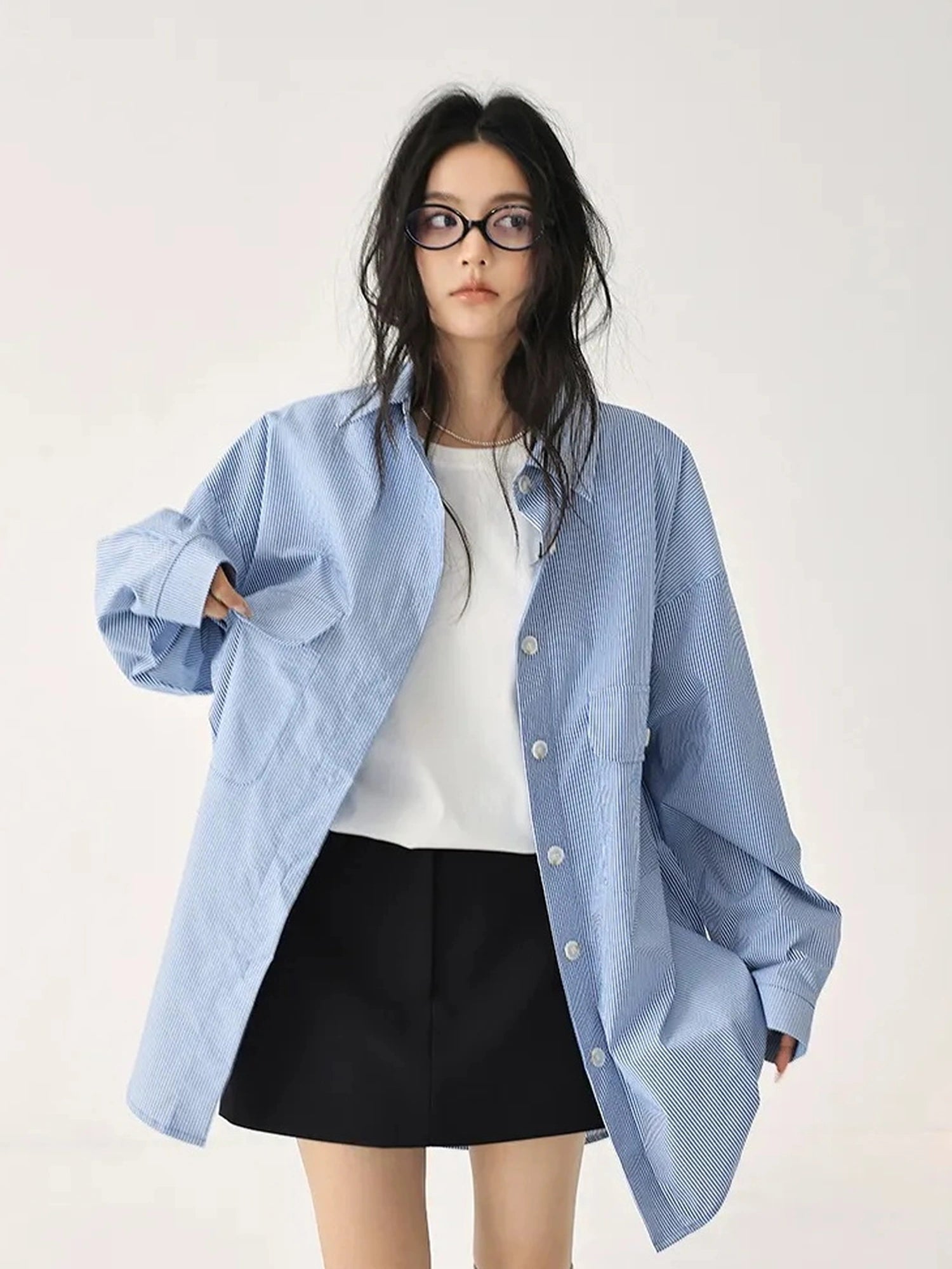 FU FRESH UP Oversize Striped Cotton Shirt Wide Leg Pants Set