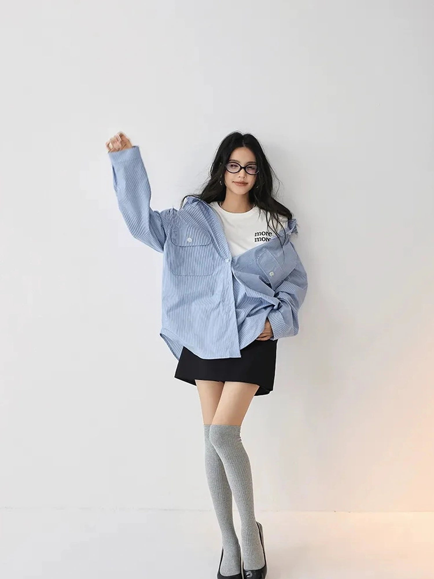 FU FRESH UP Oversize Striped Cotton Shirt Wide Leg Pants Set