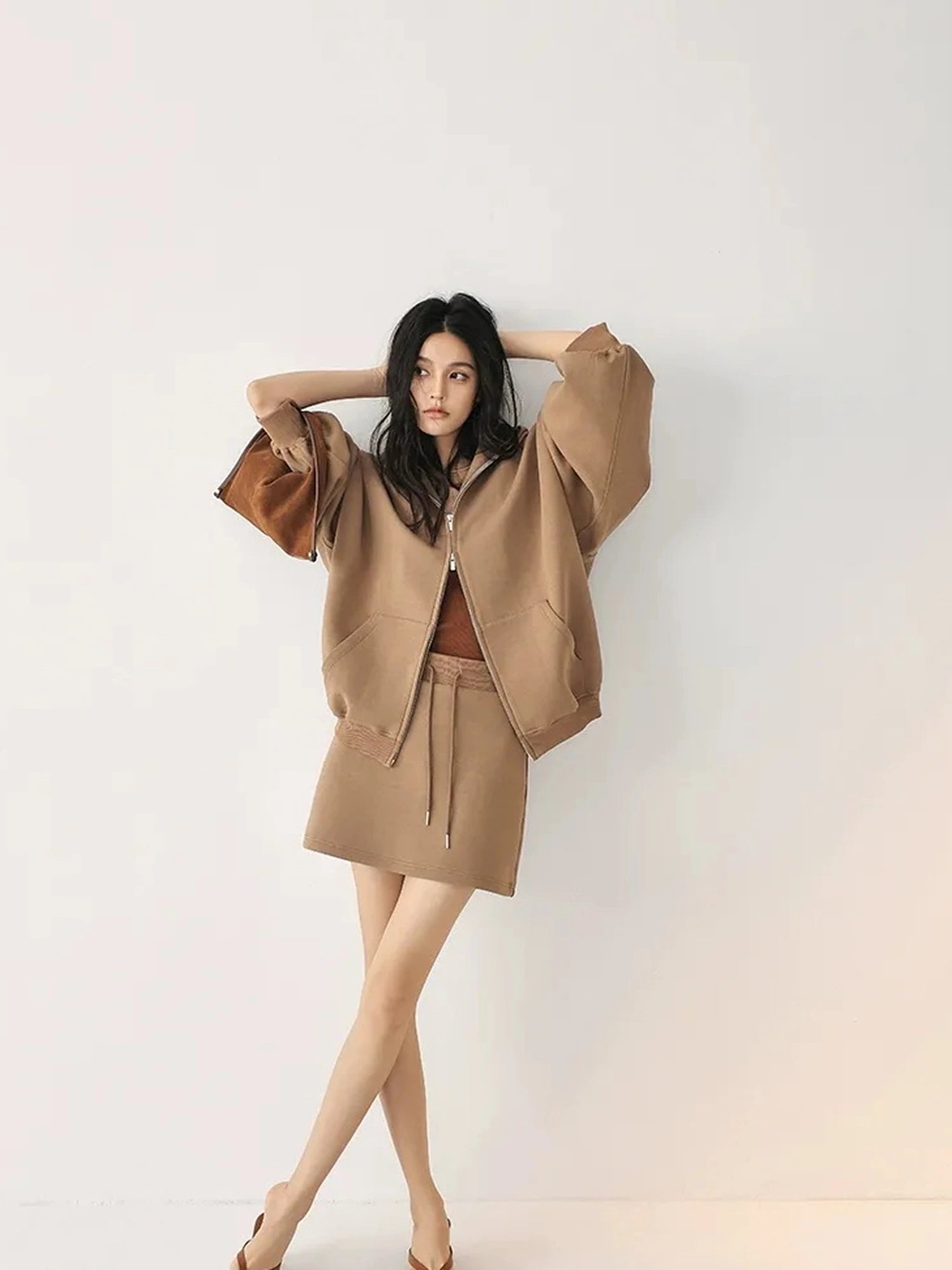 FU FRESH UP Oversized Jelly Textured Hoodie Set With Short Skirt