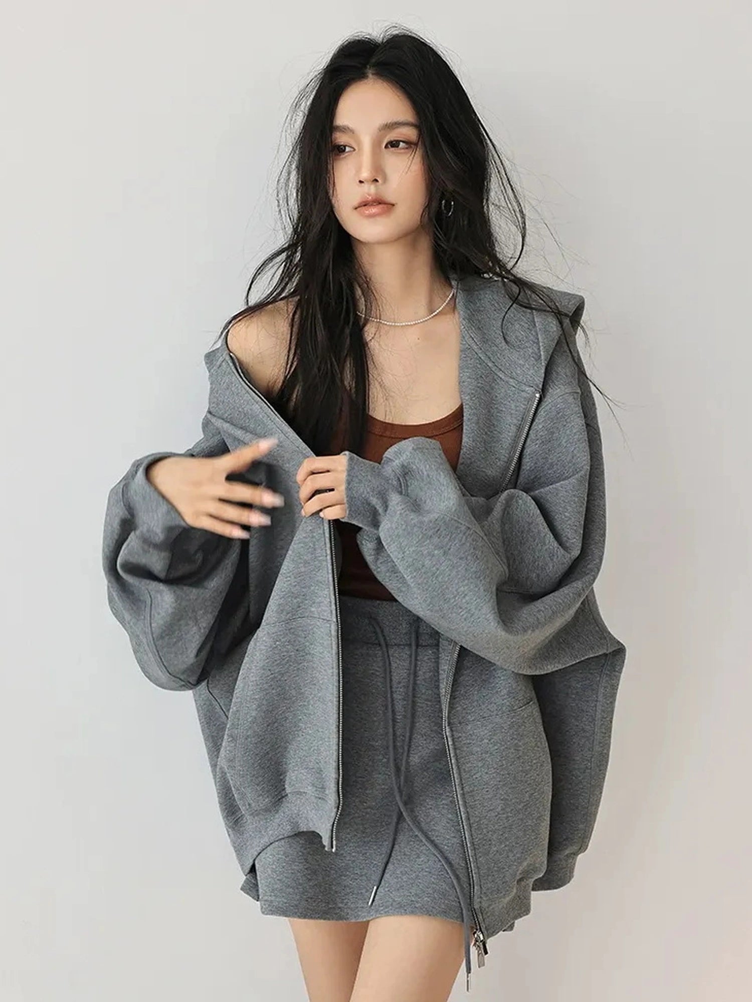 FU FRESH UP Oversized Jelly Textured Hoodie Set With Short Skirt