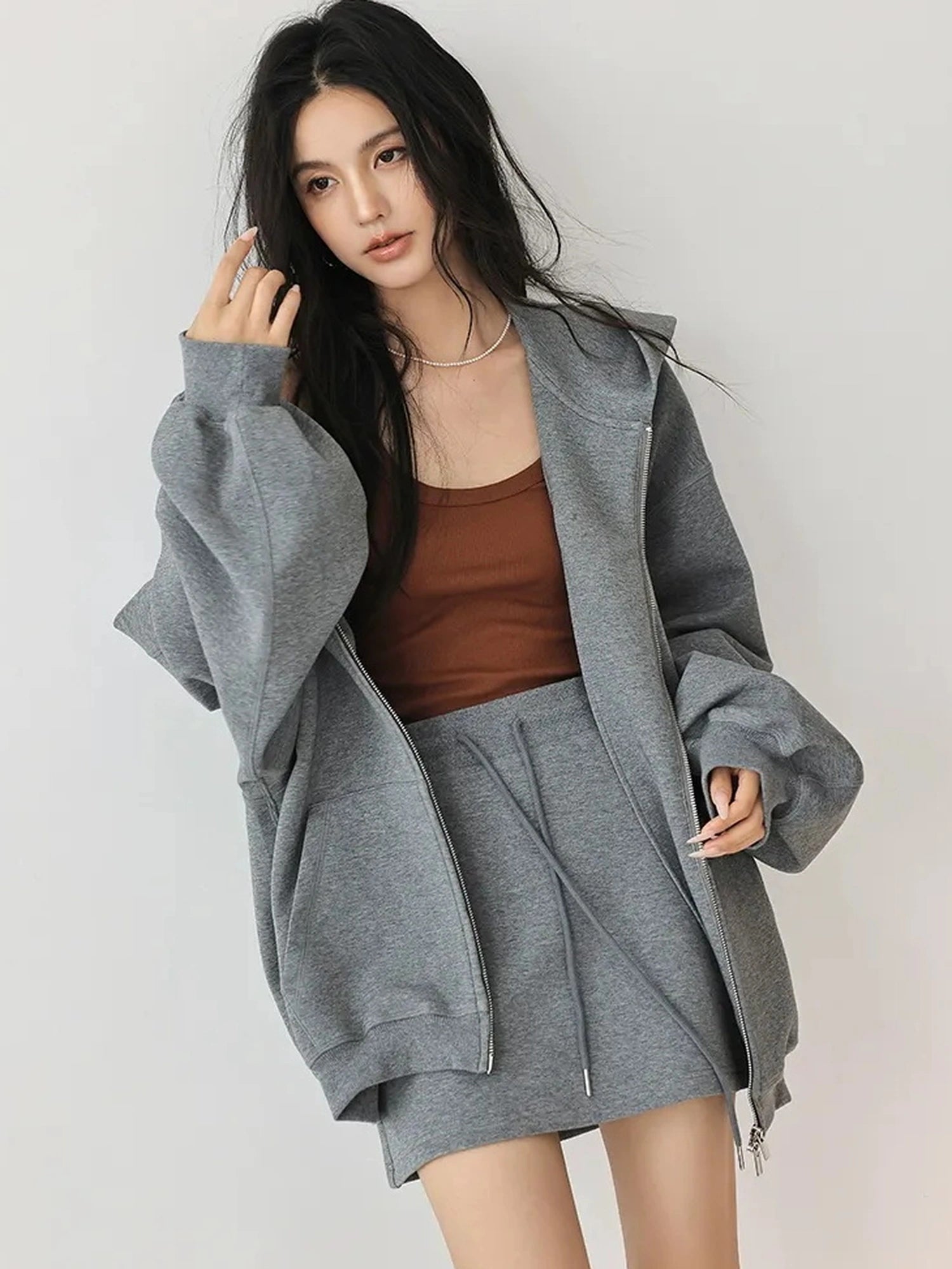 FU FRESH UP Oversized Jelly Textured Hoodie Set With Short Skirt