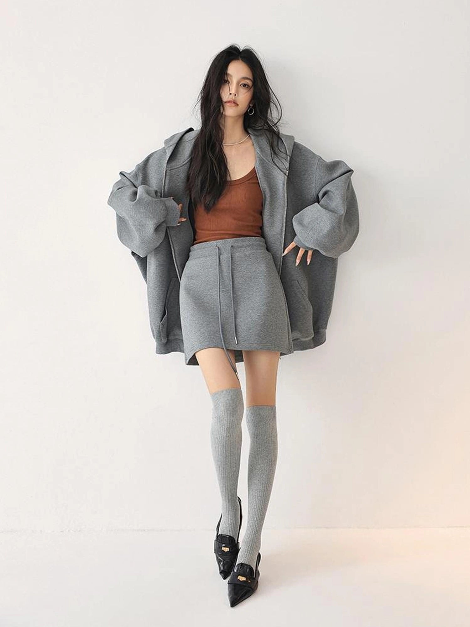 FU FRESH UP Oversized Jelly Textured Hoodie Set With Short Skirt