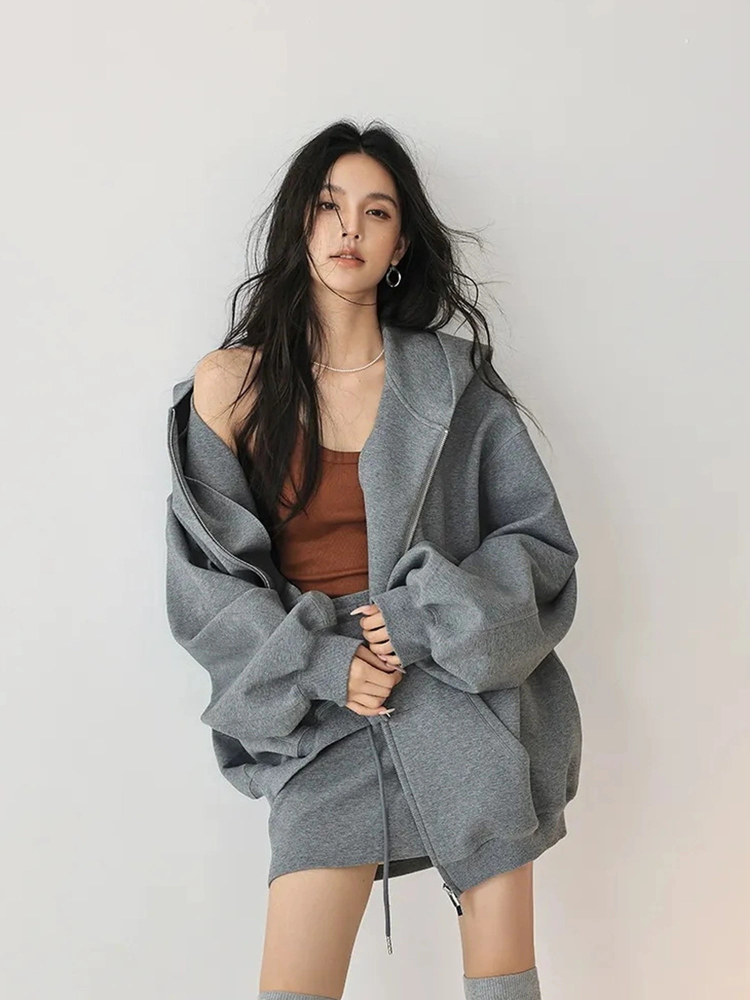 FU FRESH UP Oversized Jelly Textured Hoodie Set With Short Skirt