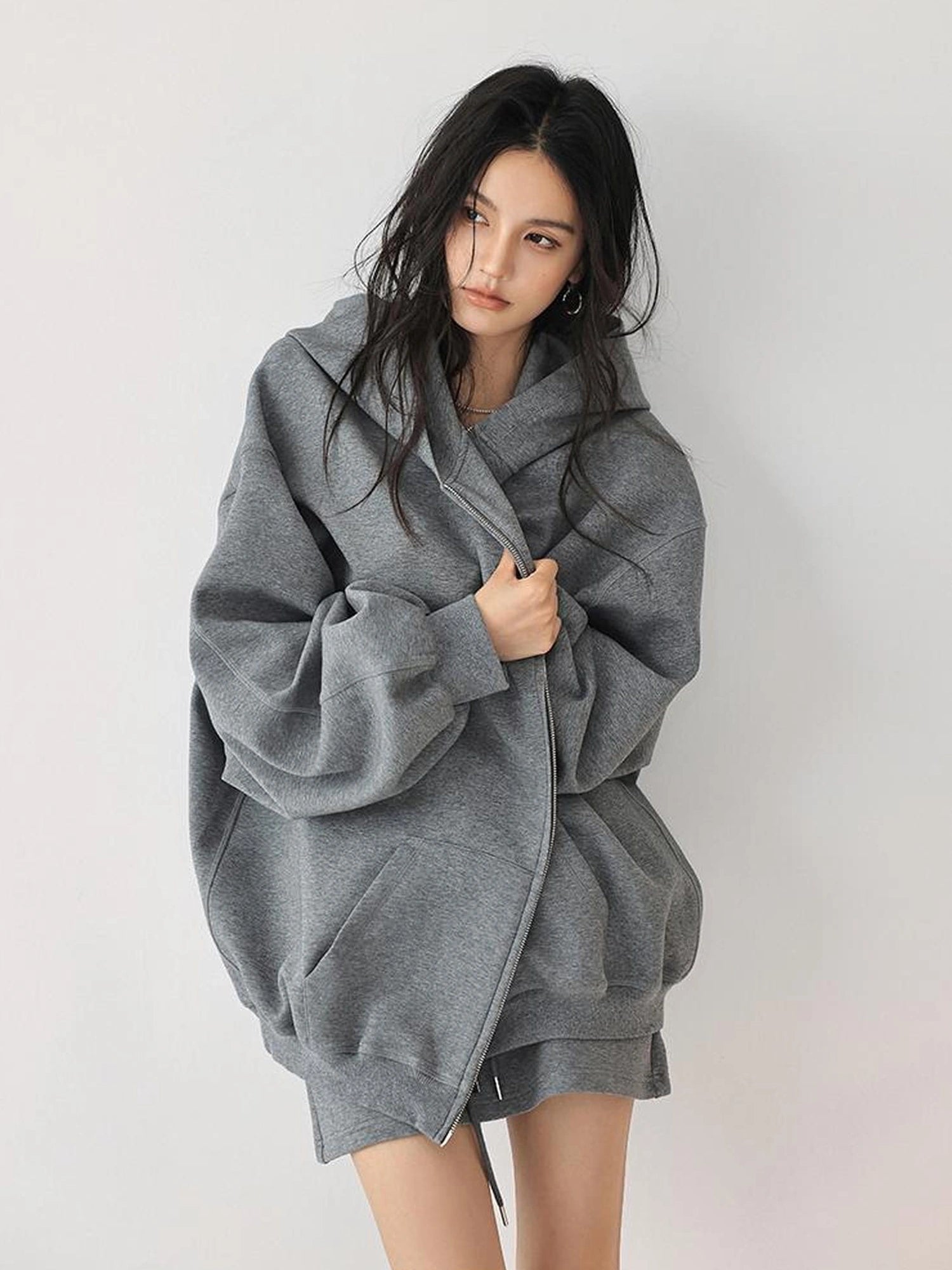 FU FRESH UP Oversized Jelly Textured Hoodie Set With Short Skirt