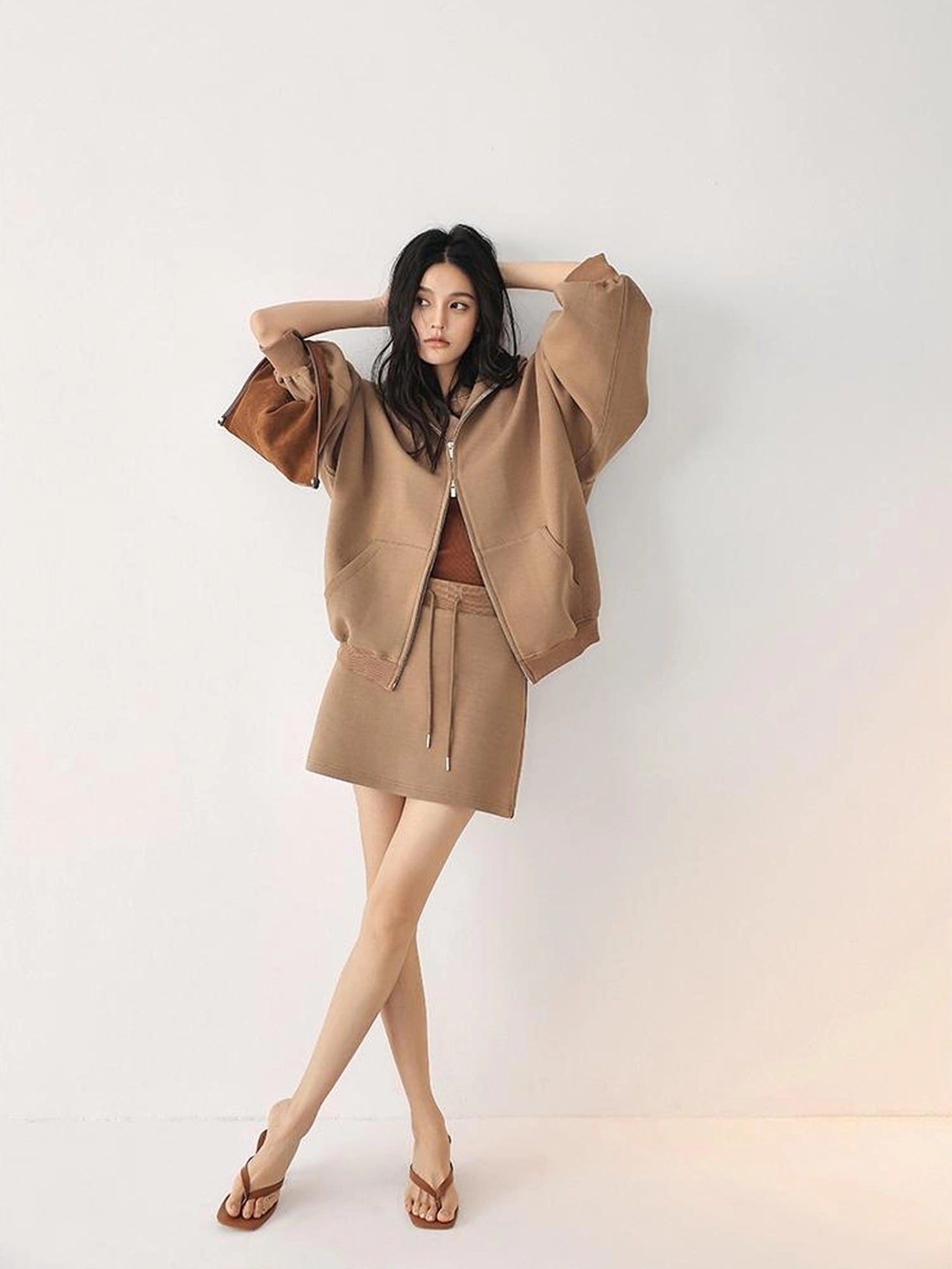 FU FRESH UP Oversized Jelly Textured Hoodie Set With Short Skirt