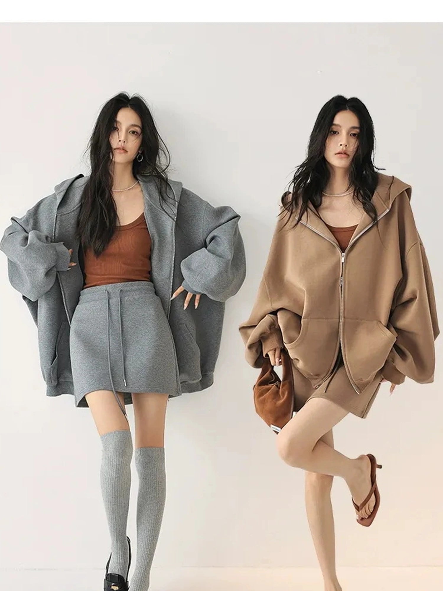 FU FRESH UP Oversized Jelly Textured Hoodie Set With Short Skirt