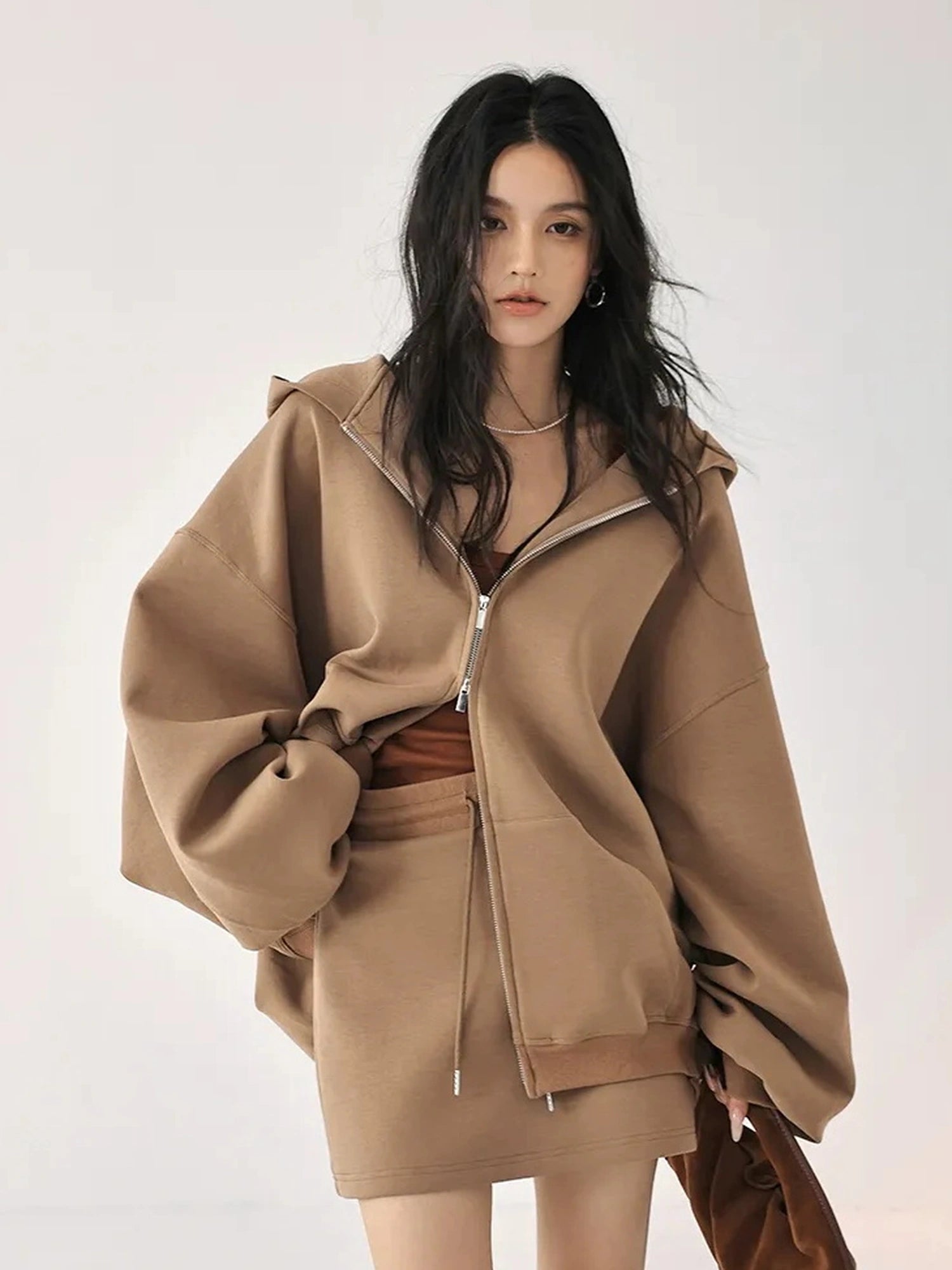 FU FRESH UP Oversized Jelly Textured Hoodie Set With Short Skirt