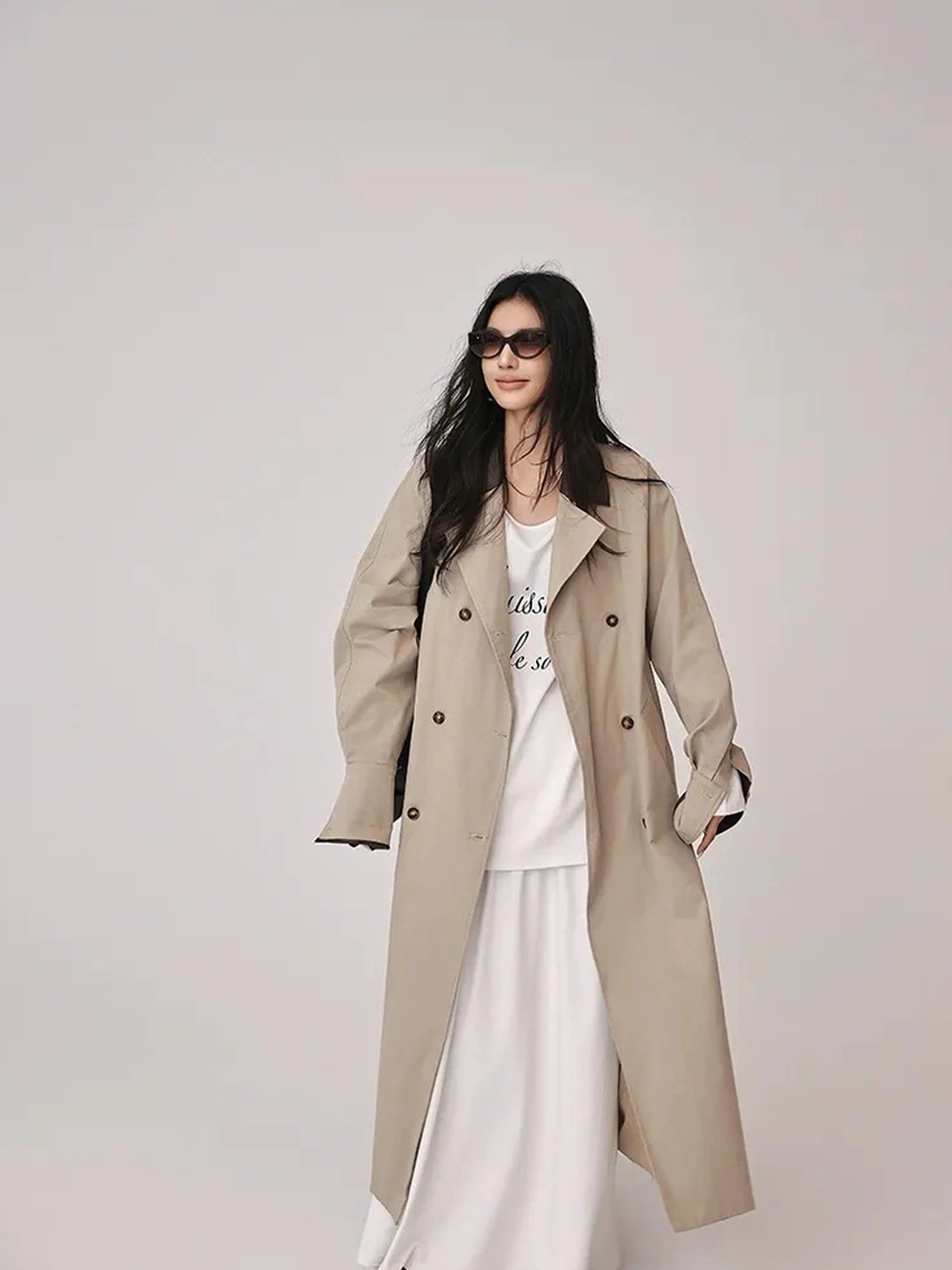 FU FRESH UP Oversized Long Trench Coat With PU Contrast Collar