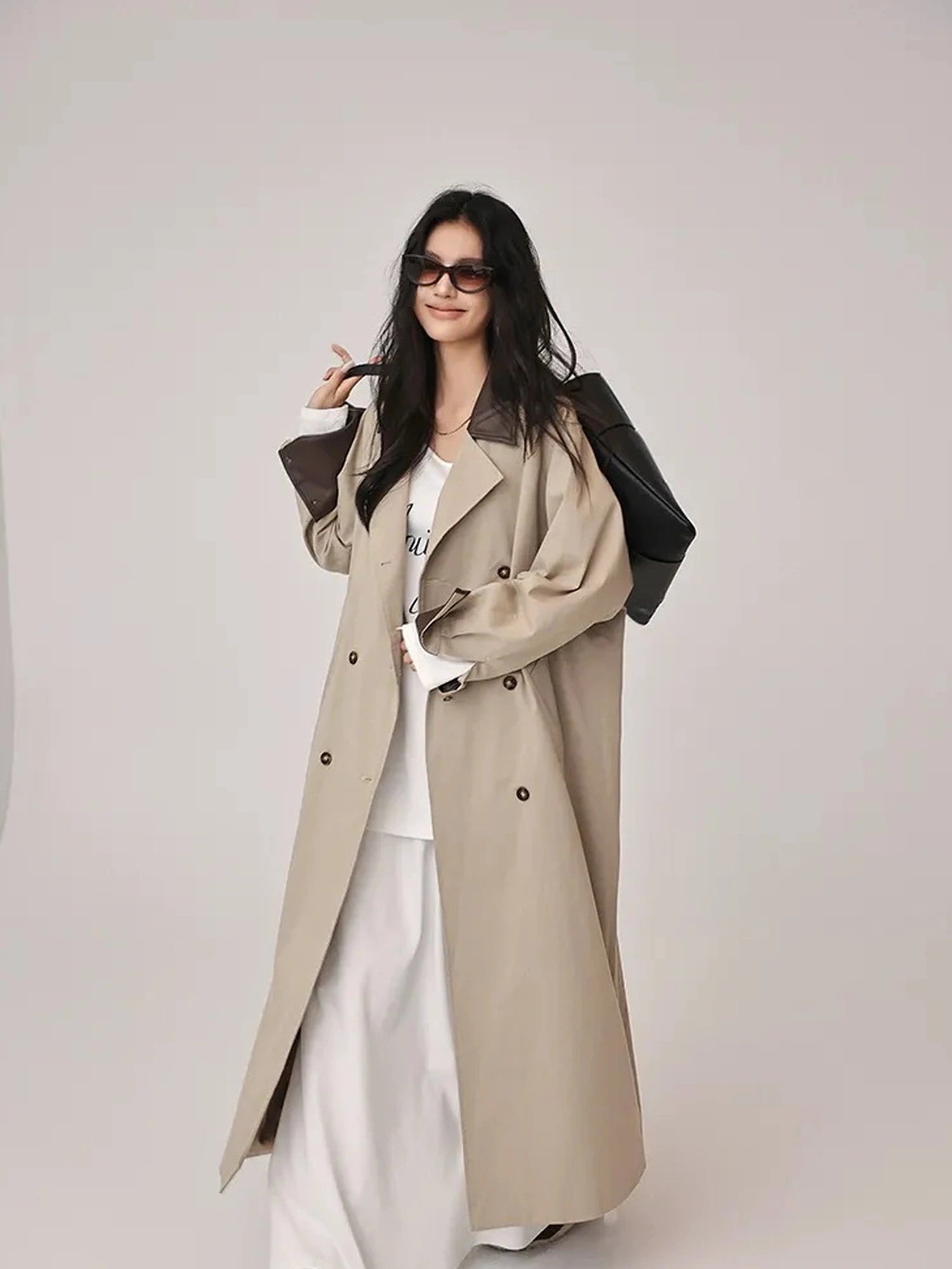 FU FRESH UP Oversized Long Trench Coat With PU Contrast Collar