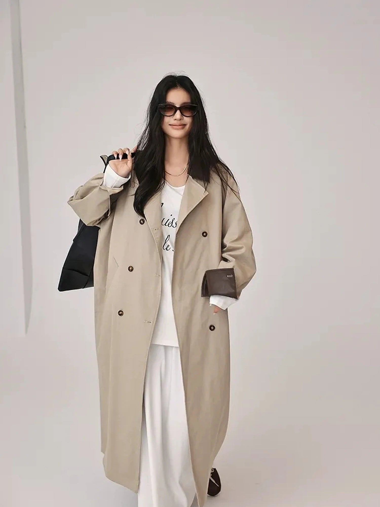 FU FRESH UP Oversized Long Trench Coat With PU Contrast Collar