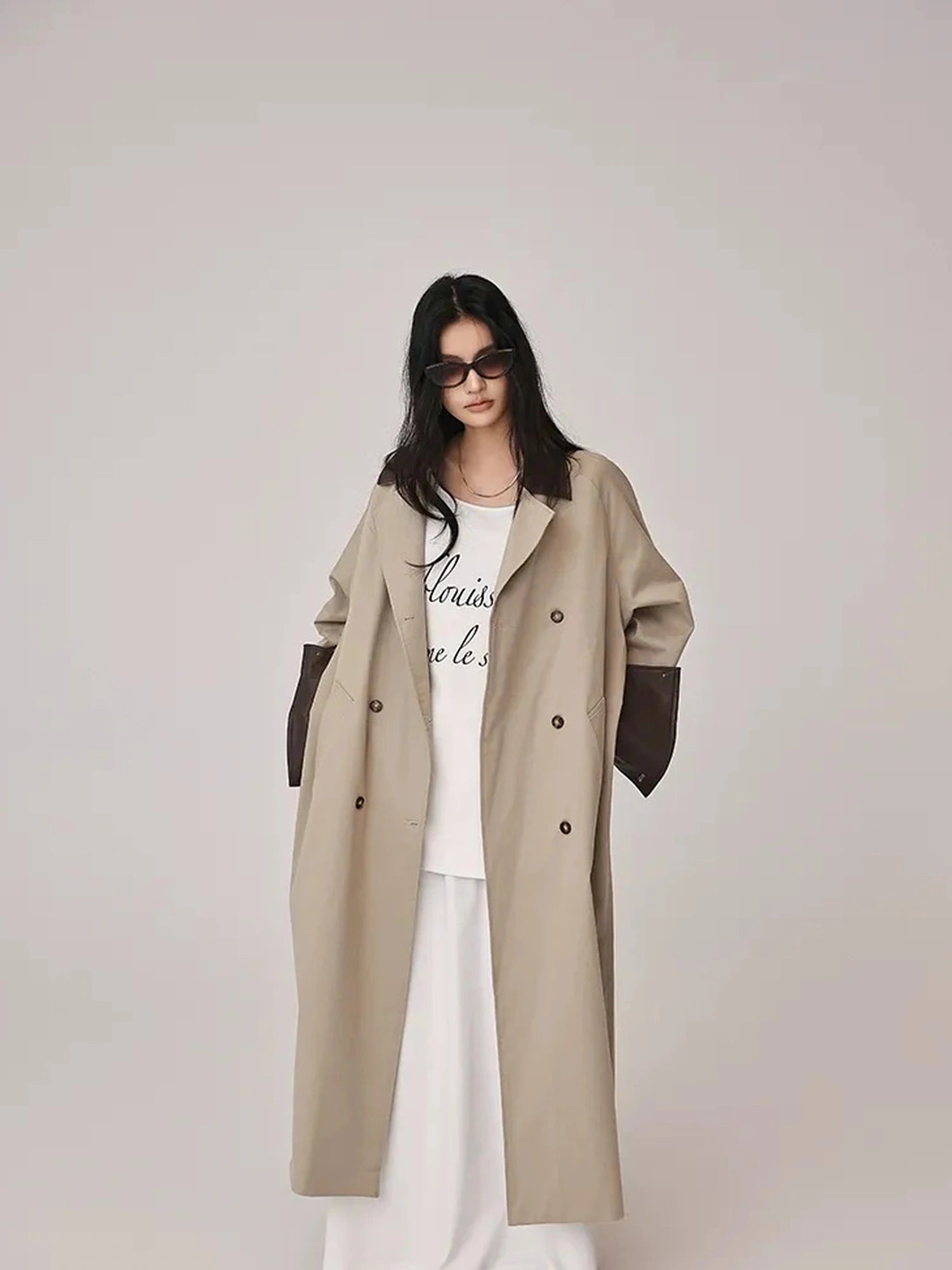 FU FRESH UP Oversized Long Trench Coat With PU Contrast Collar