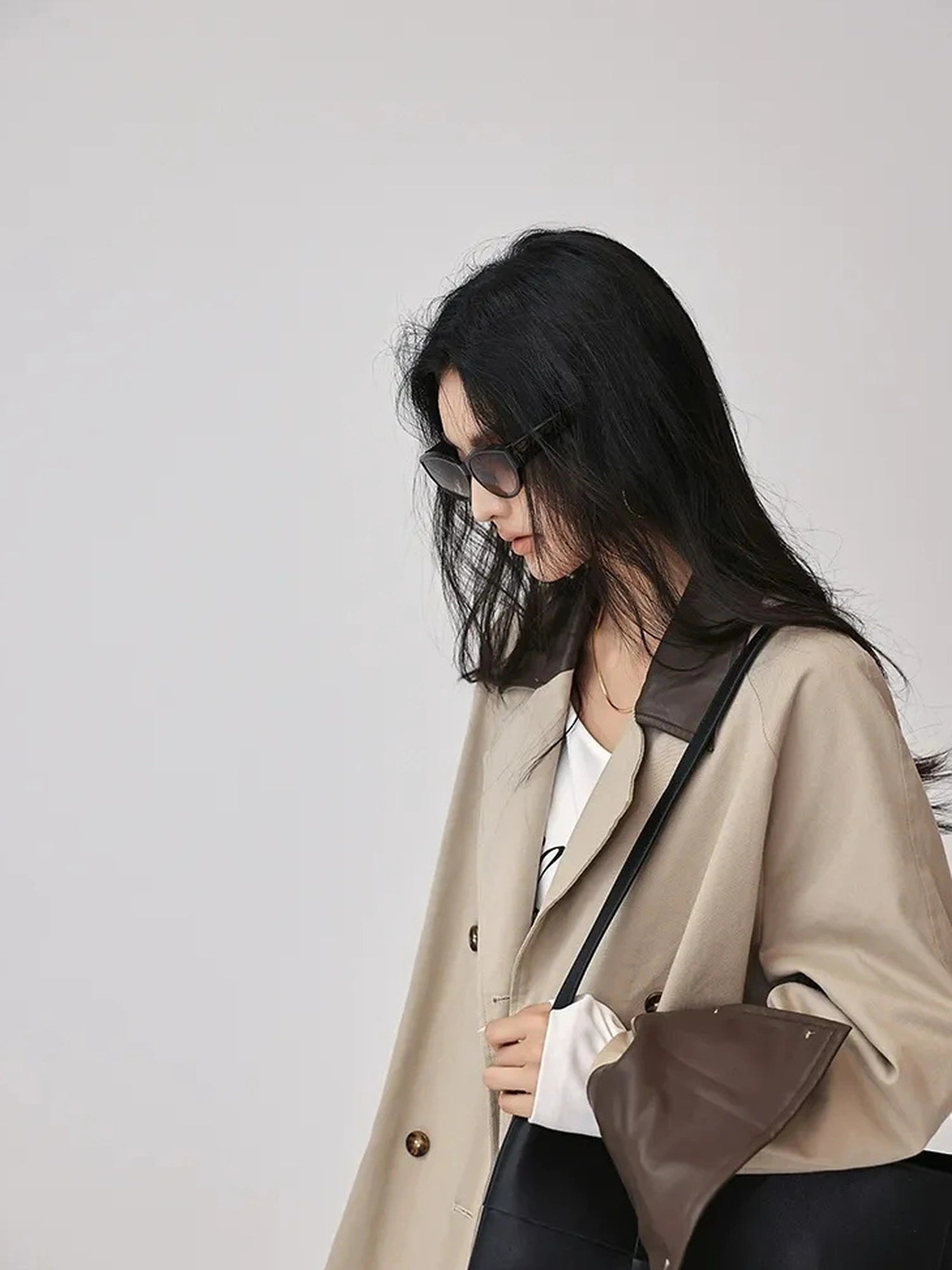 FU FRESH UP Oversized Long Trench Coat With PU Contrast Collar