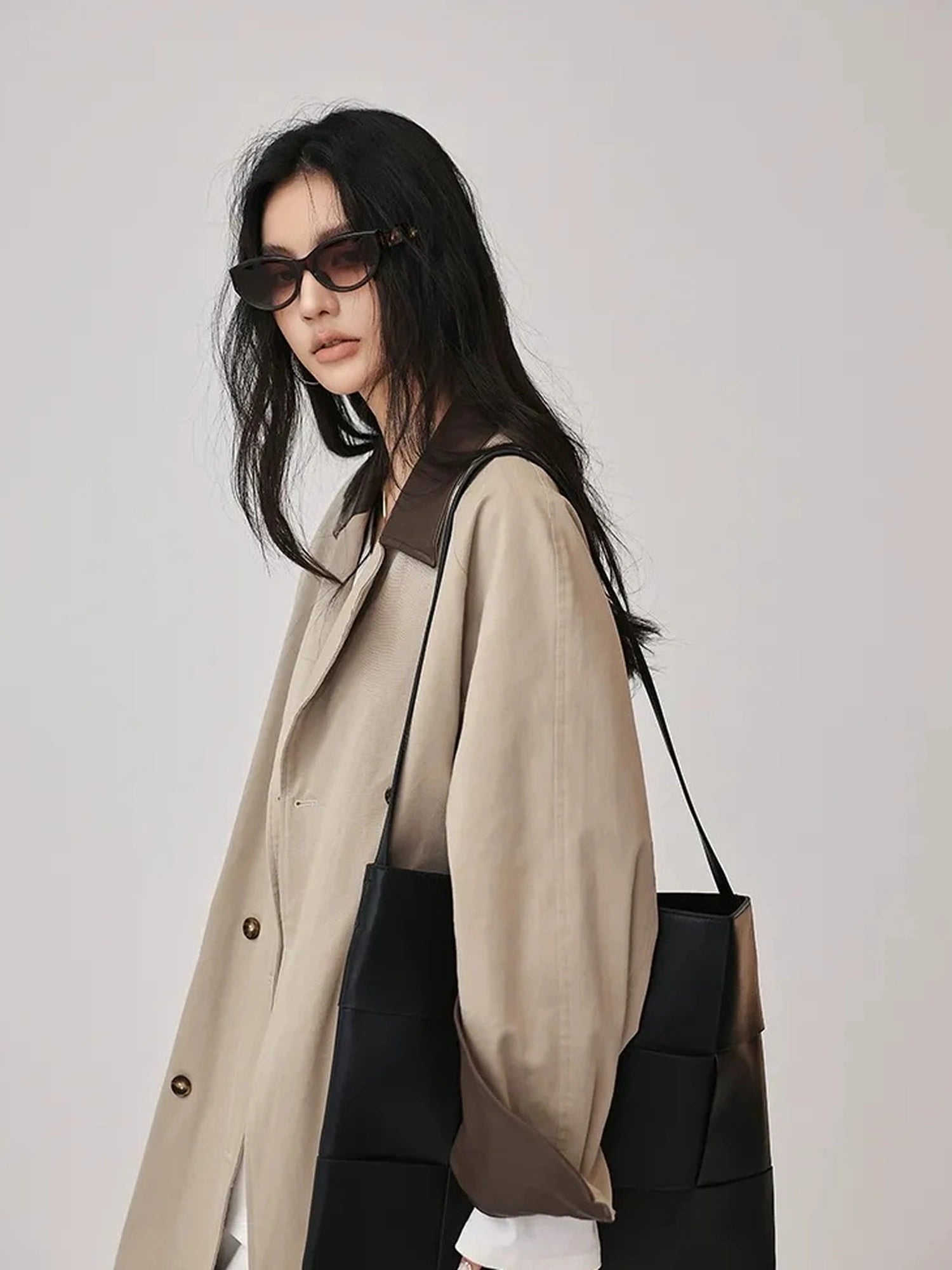 FU FRESH UP Oversized Long Trench Coat With PU Contrast Collar