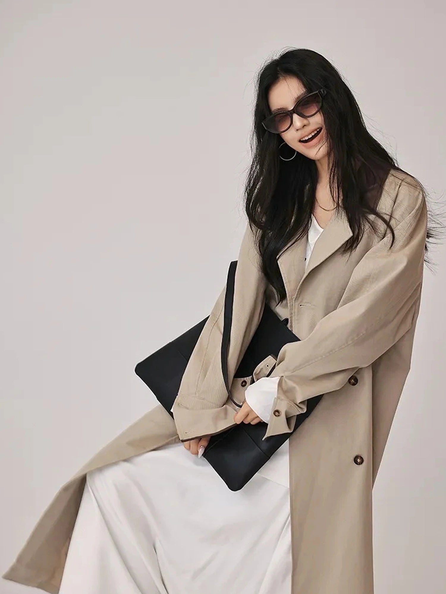 FU FRESH UP Oversized Long Trench Coat With PU Contrast Collar