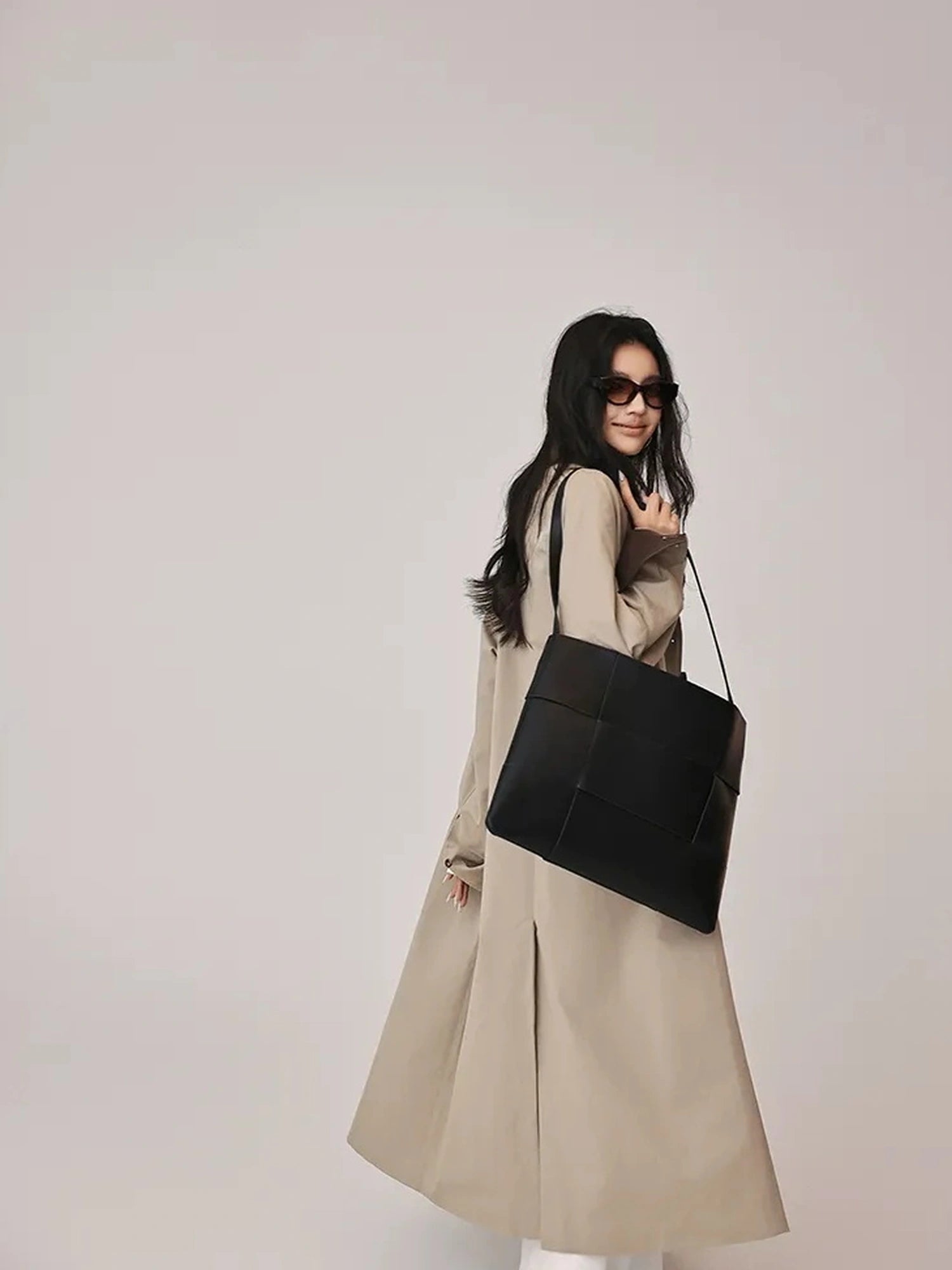 FU FRESH UP Oversized Long Trench Coat With PU Contrast Collar