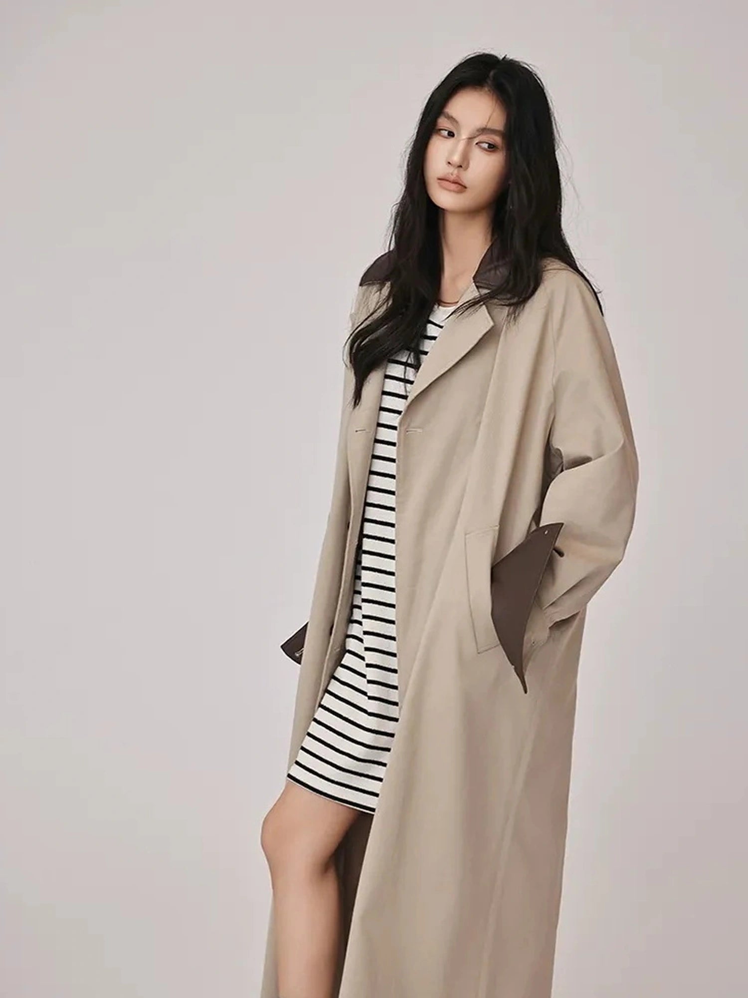 FU FRESH UP Oversized Long Trench Coat With PU Contrast Collar