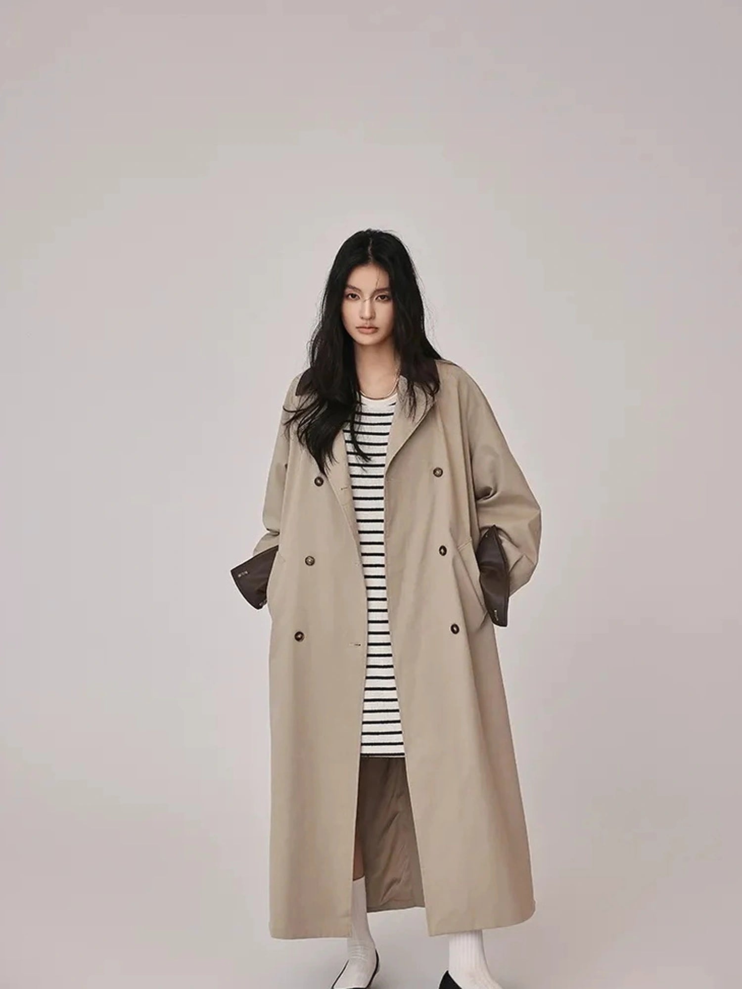FU FRESH UP Oversized Long Trench Coat With PU Contrast Collar