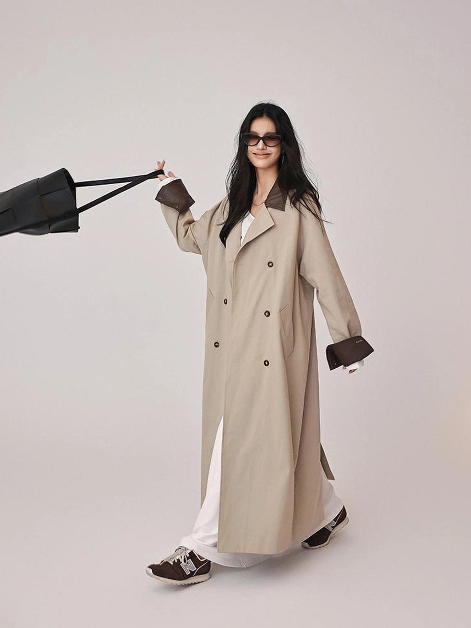 FU FRESH UP Oversized Long Trench Coat With PU Contrast Collar