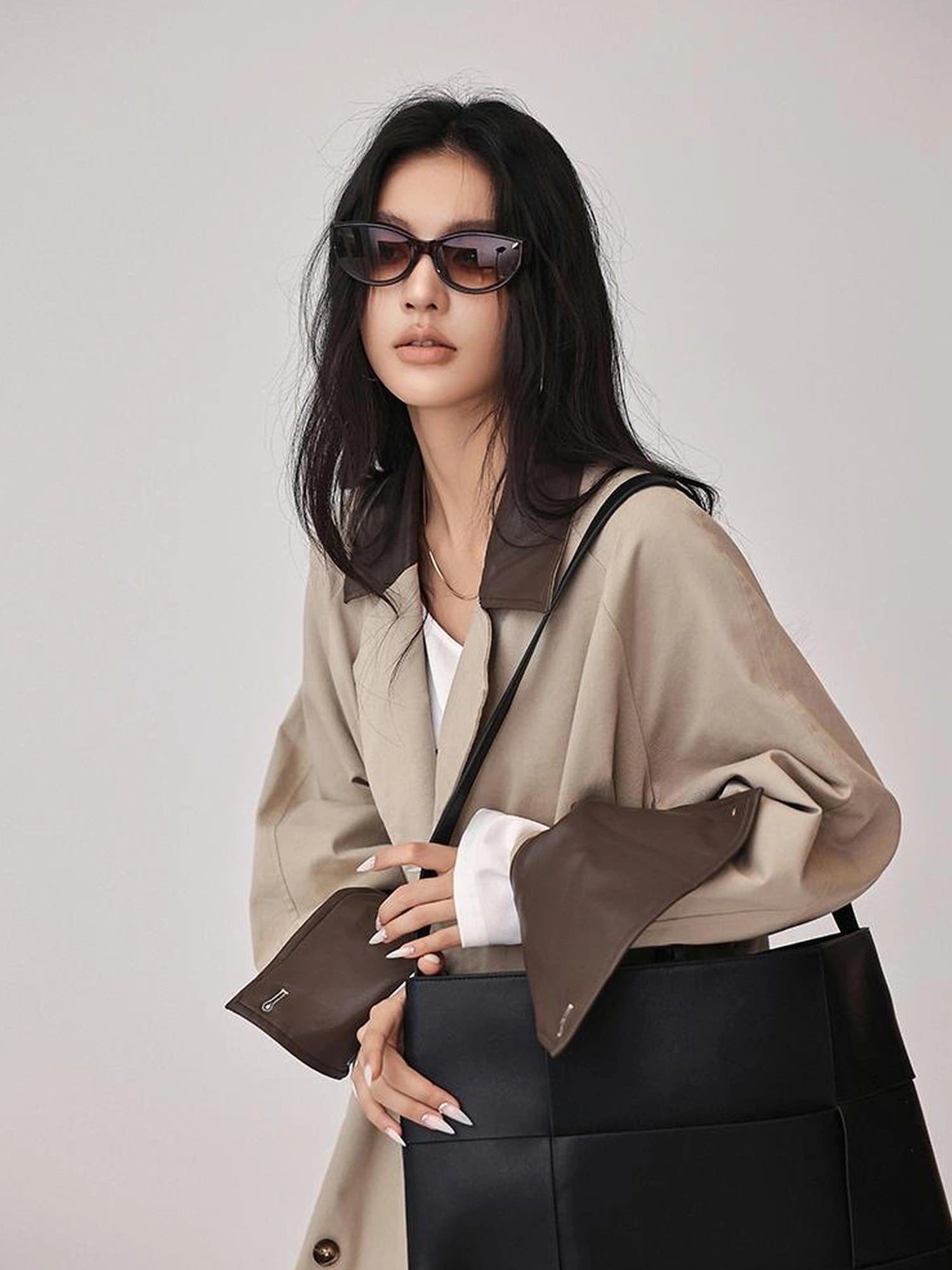FU FRESH UP Oversized Long Trench Coat With PU Contrast Collar