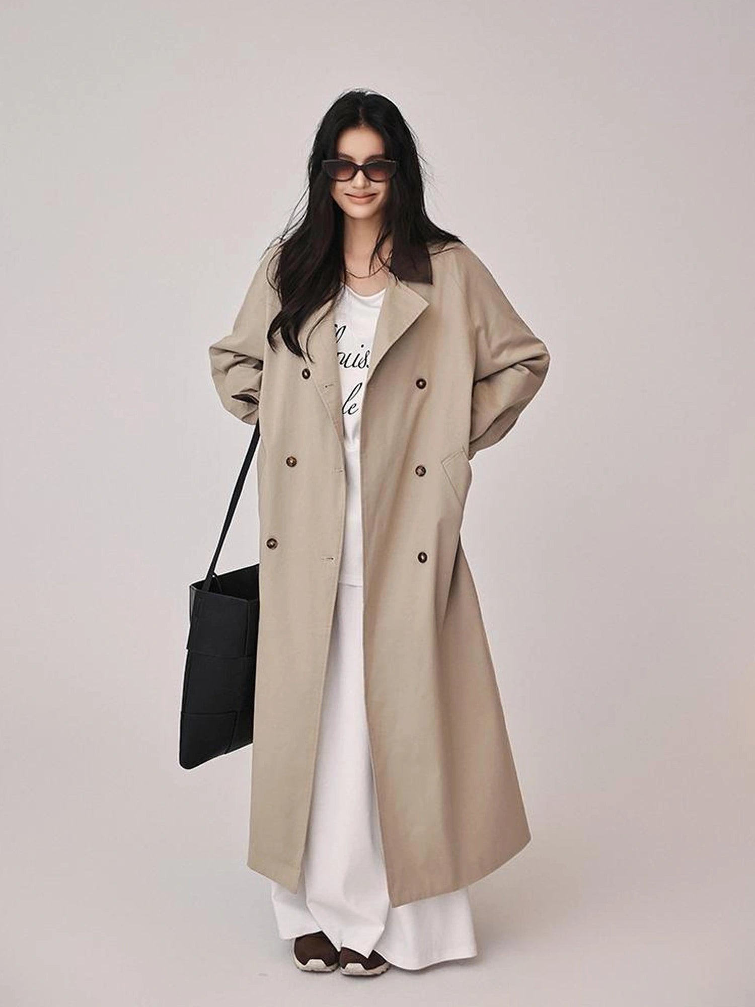 FU FRESH UP Oversized Long Trench Coat With PU Contrast Collar