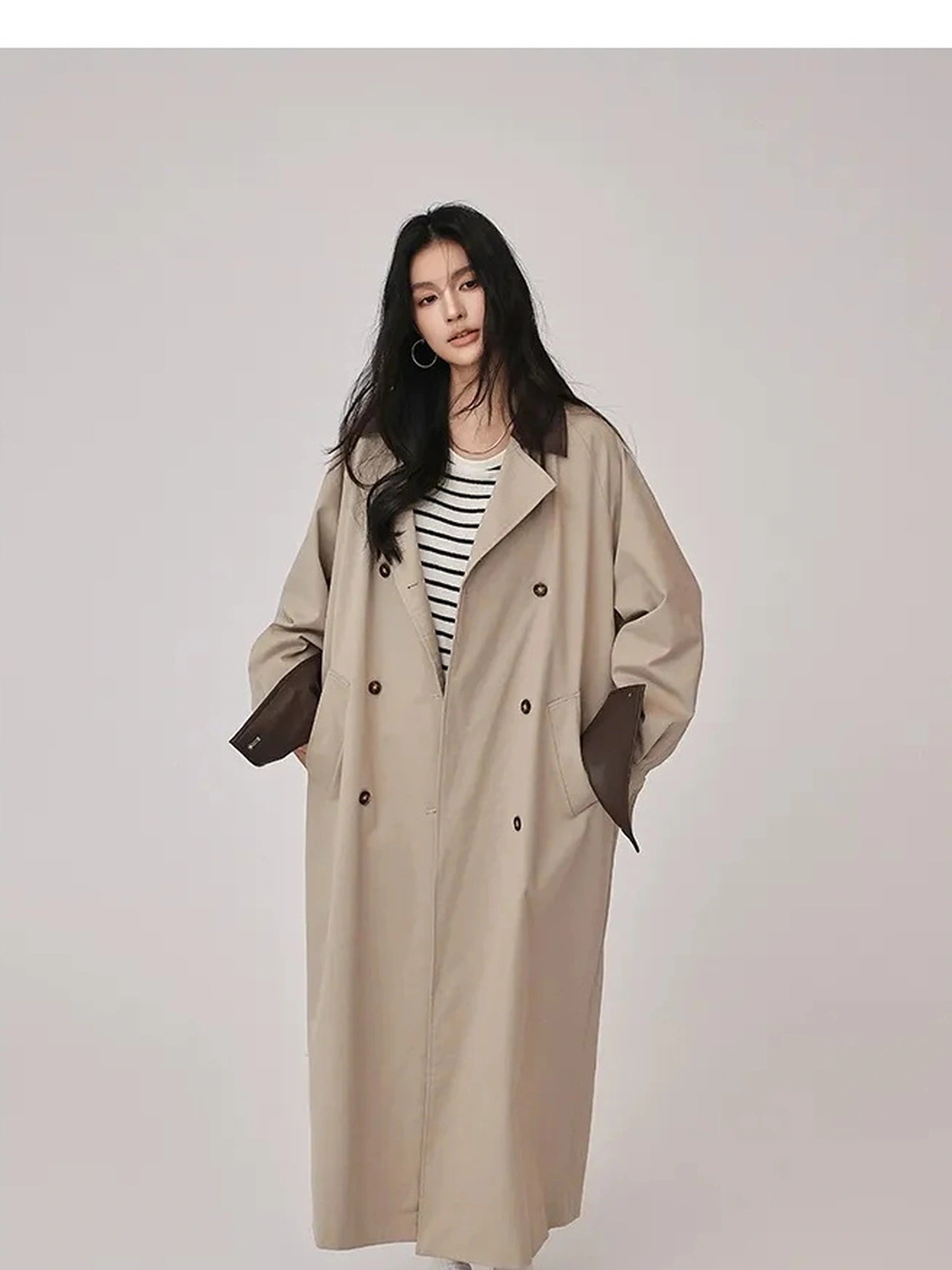 FU FRESH UP Oversized Long Trench Coat With PU Contrast Collar