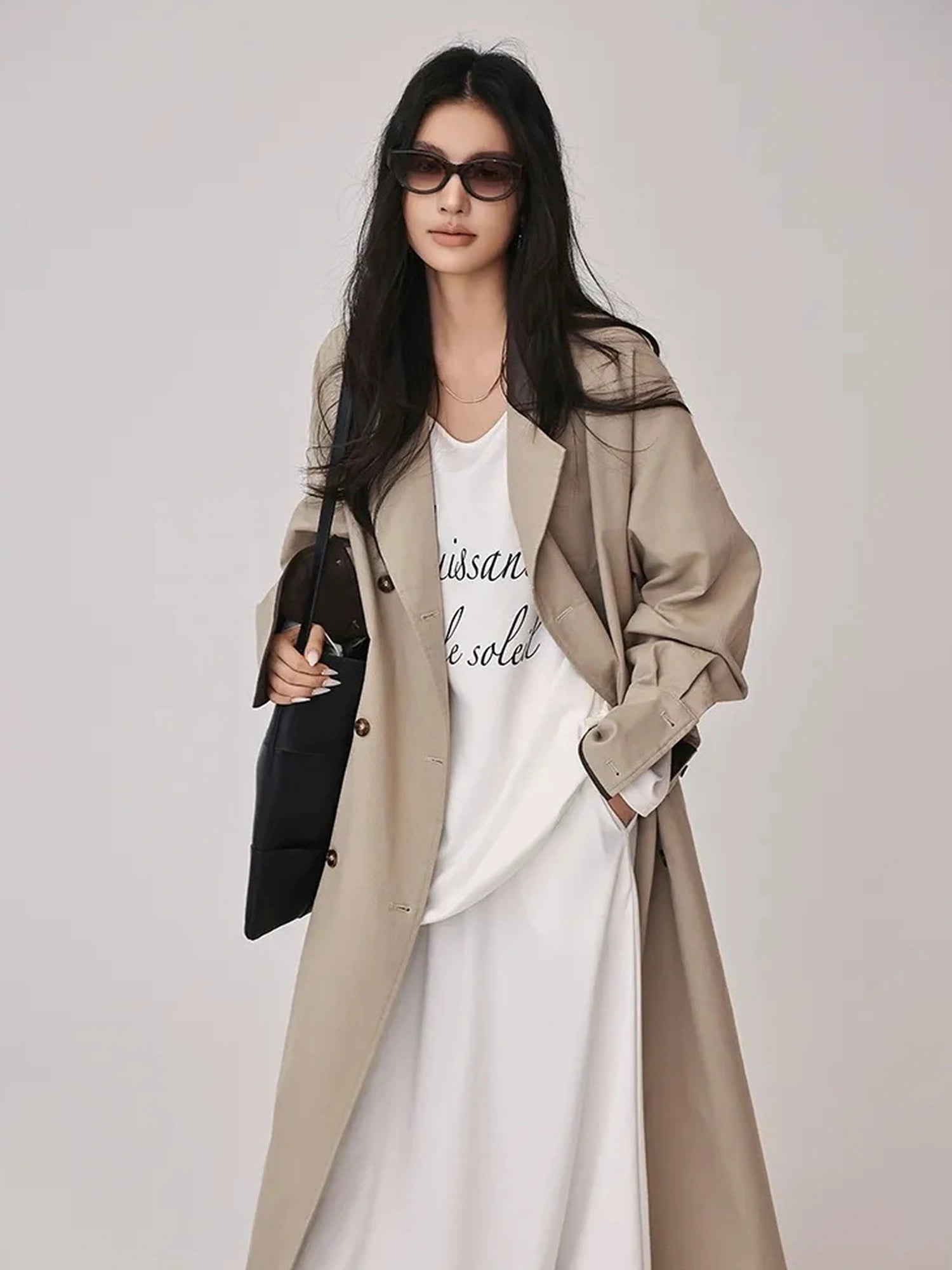 FU FRESH UP Oversized Long Trench Coat With PU Contrast Collar