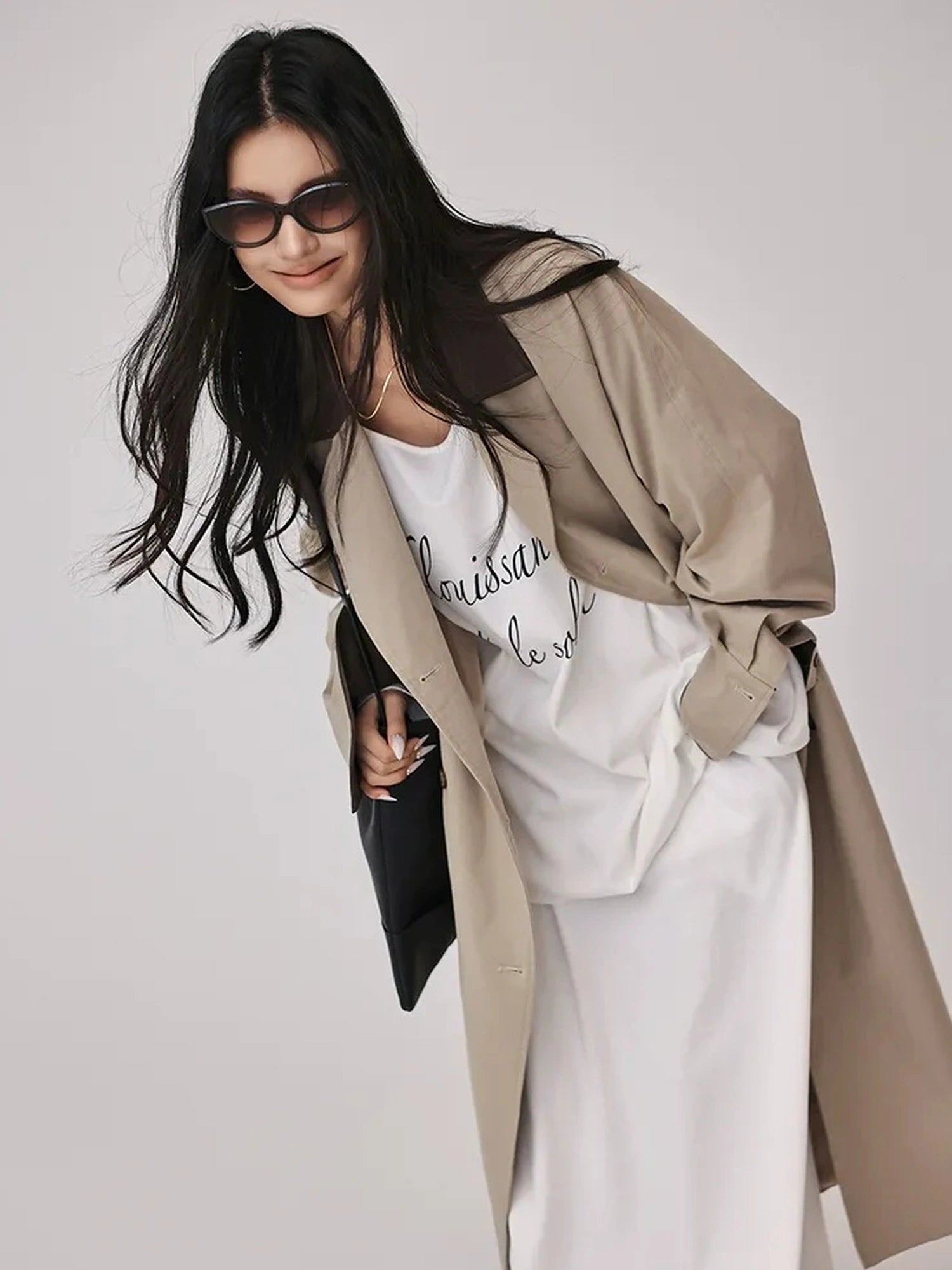 FU FRESH UP Oversized Long Trench Coat With PU Contrast Collar