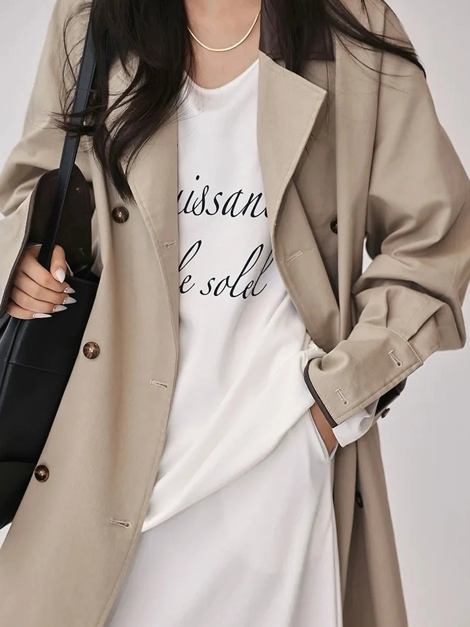 FU FRESH UP Oversized Long Trench Coat With PU Contrast Collar