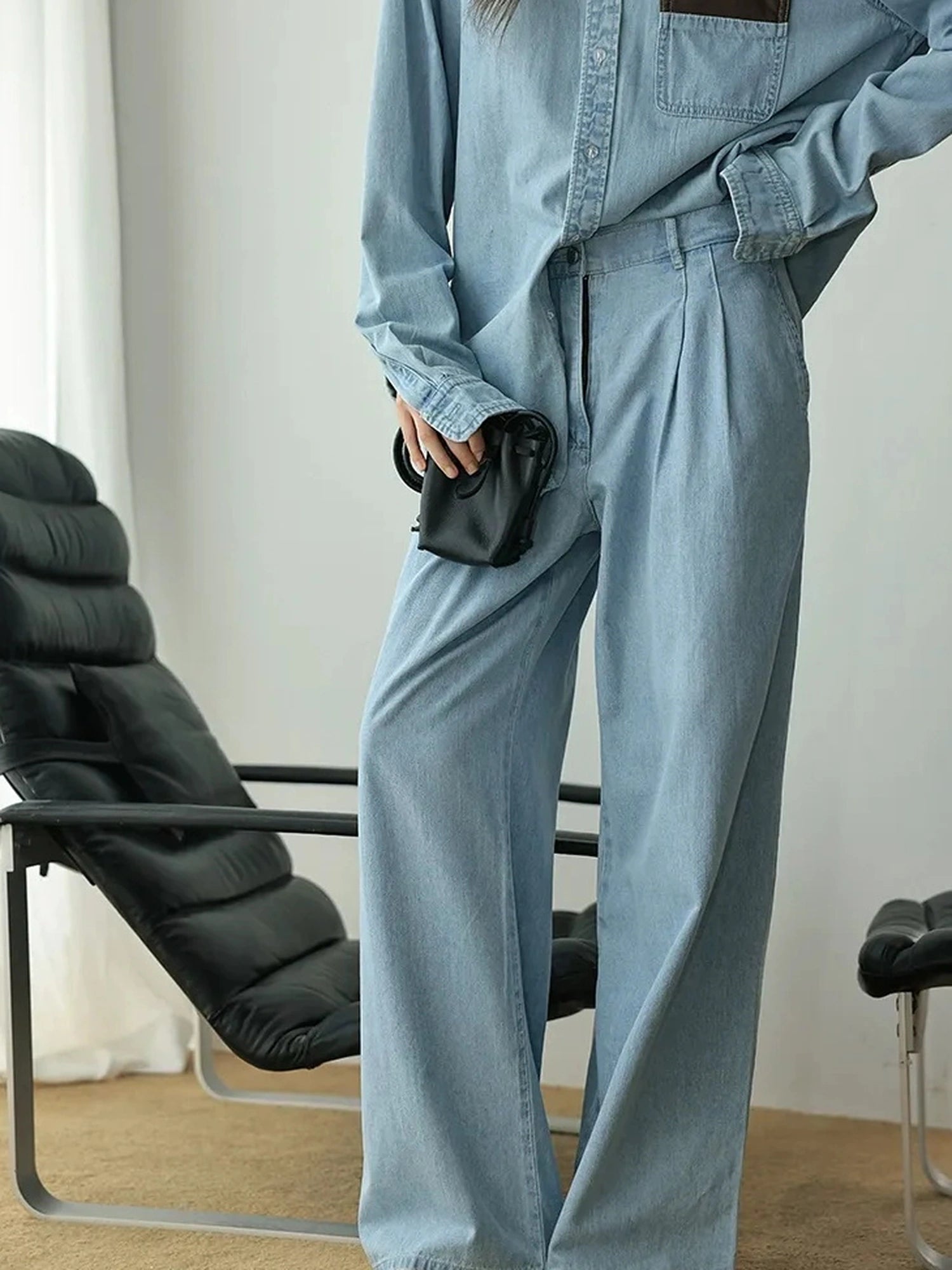 Patchwork Leather Denim Shirt Set With Wide Leg Jeans