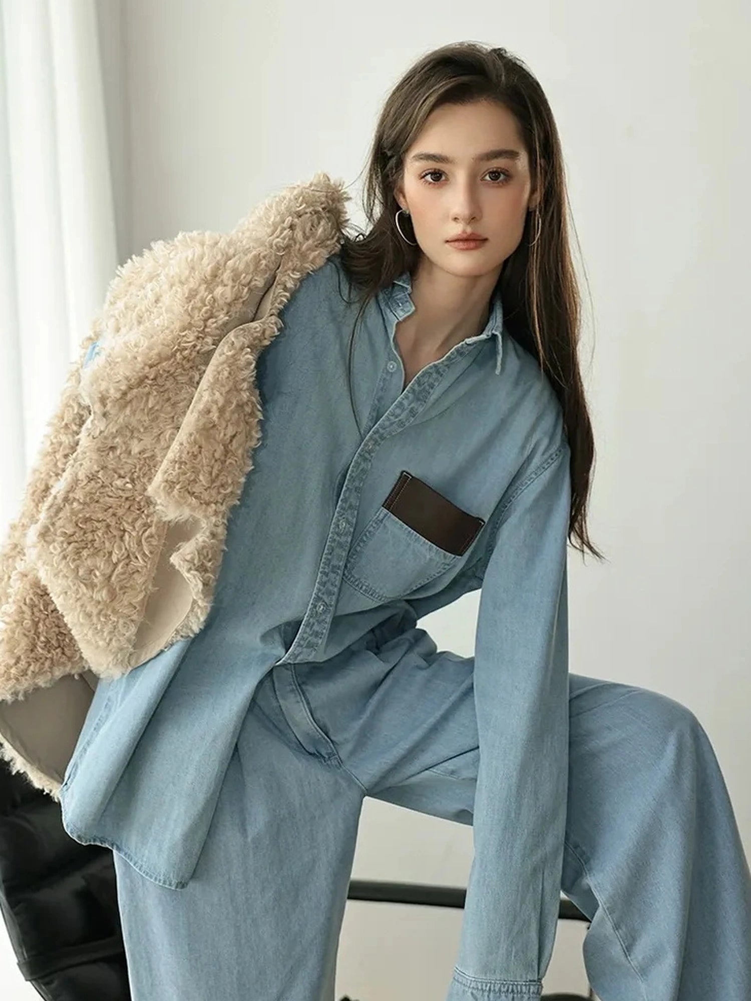 Patchwork Leather Denim Shirt Set With Wide Leg Jeans