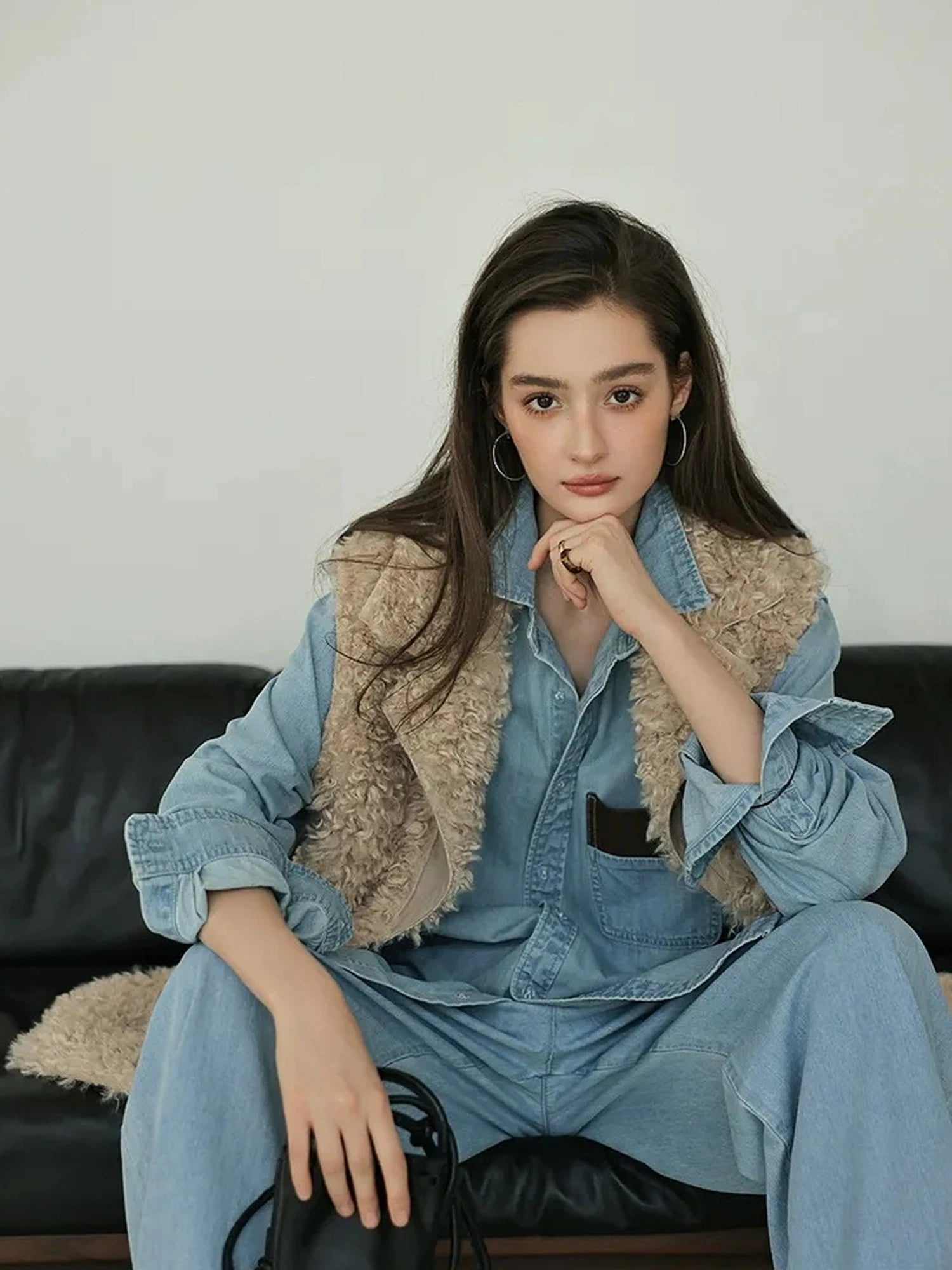 Patchwork Leather Denim Shirt Set With Wide Leg Jeans