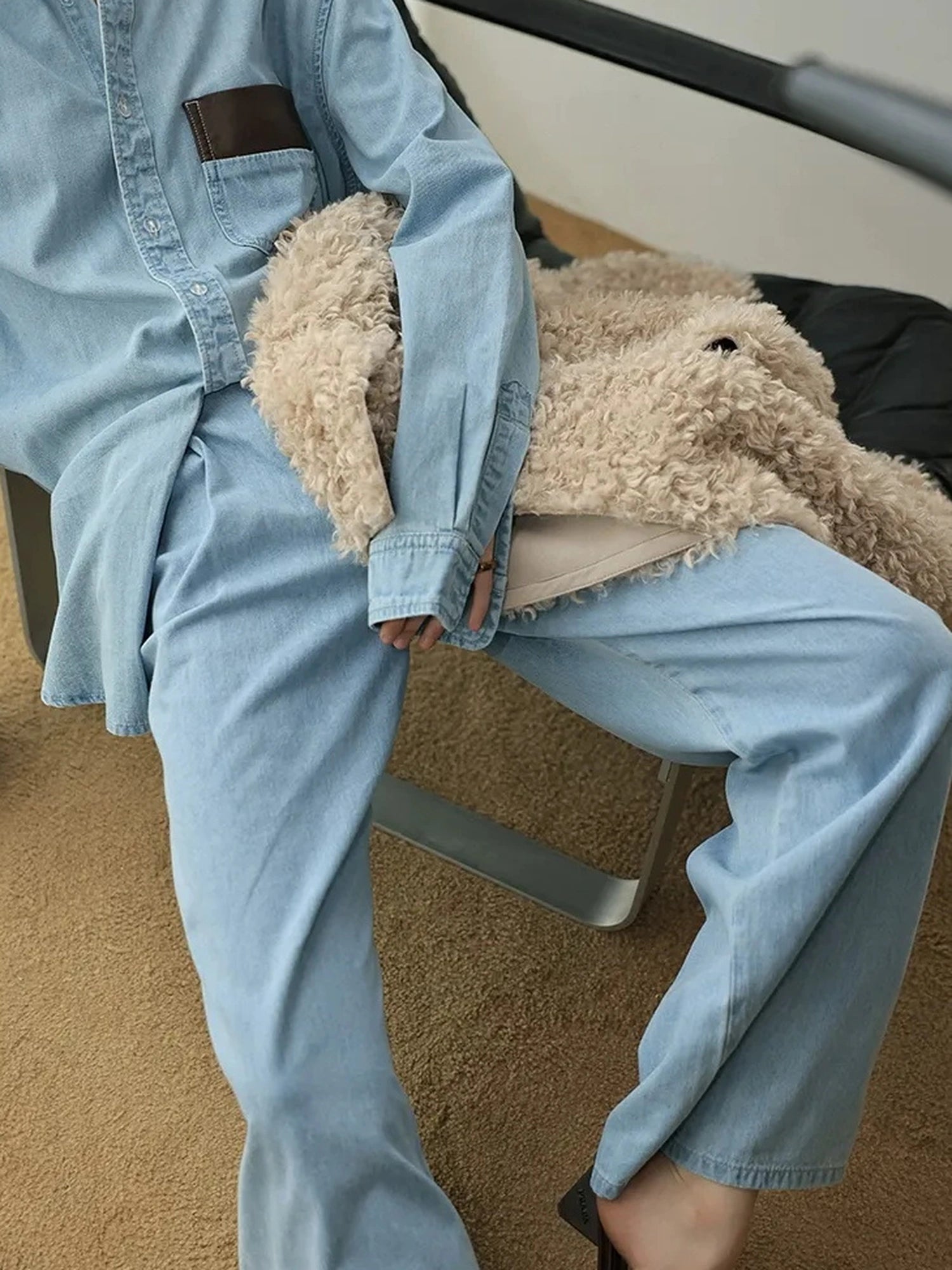 Patchwork Leather Denim Shirt Set With Wide Leg Jeans