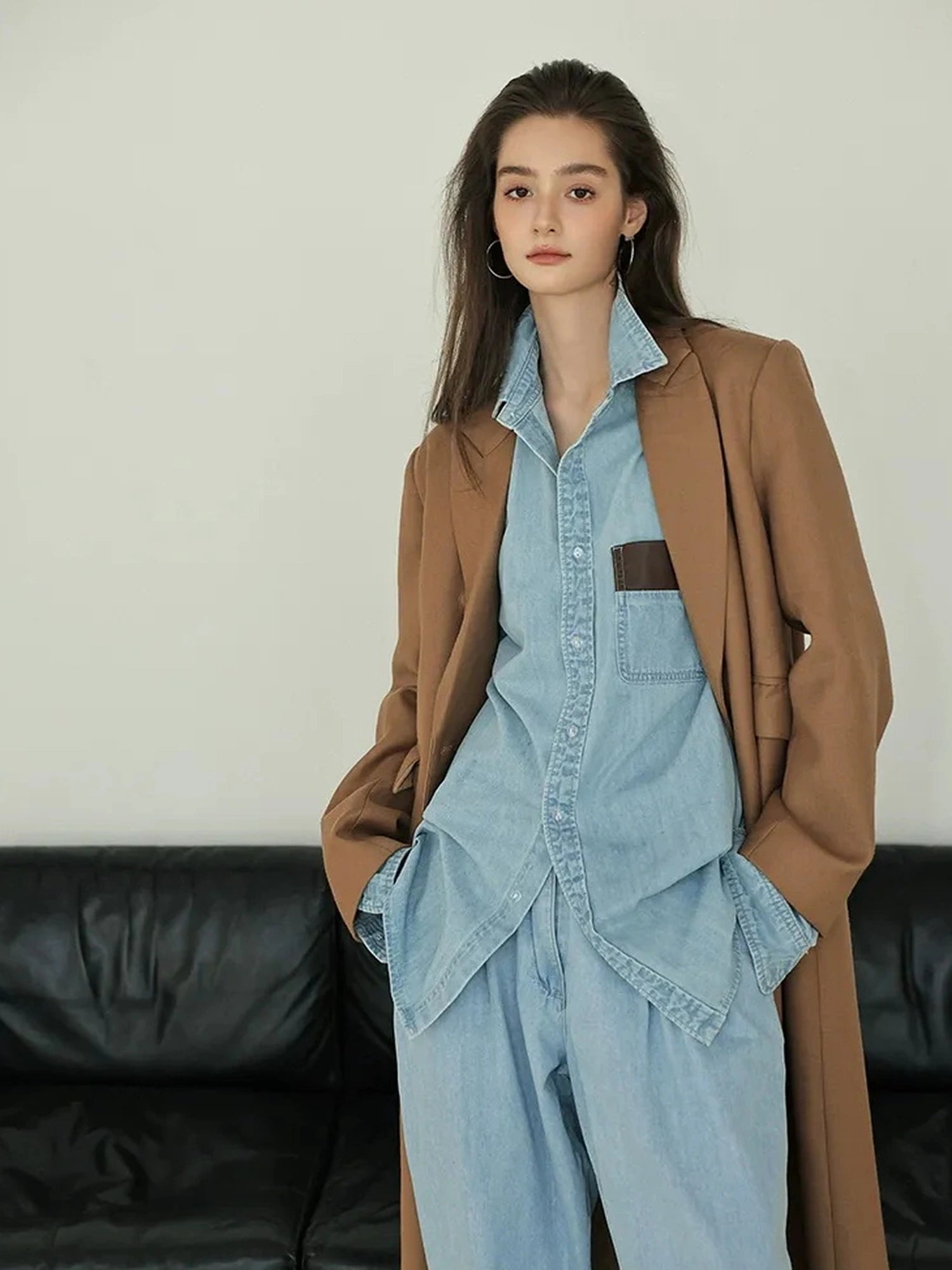 Patchwork Leather Denim Shirt Set With Wide Leg Jeans