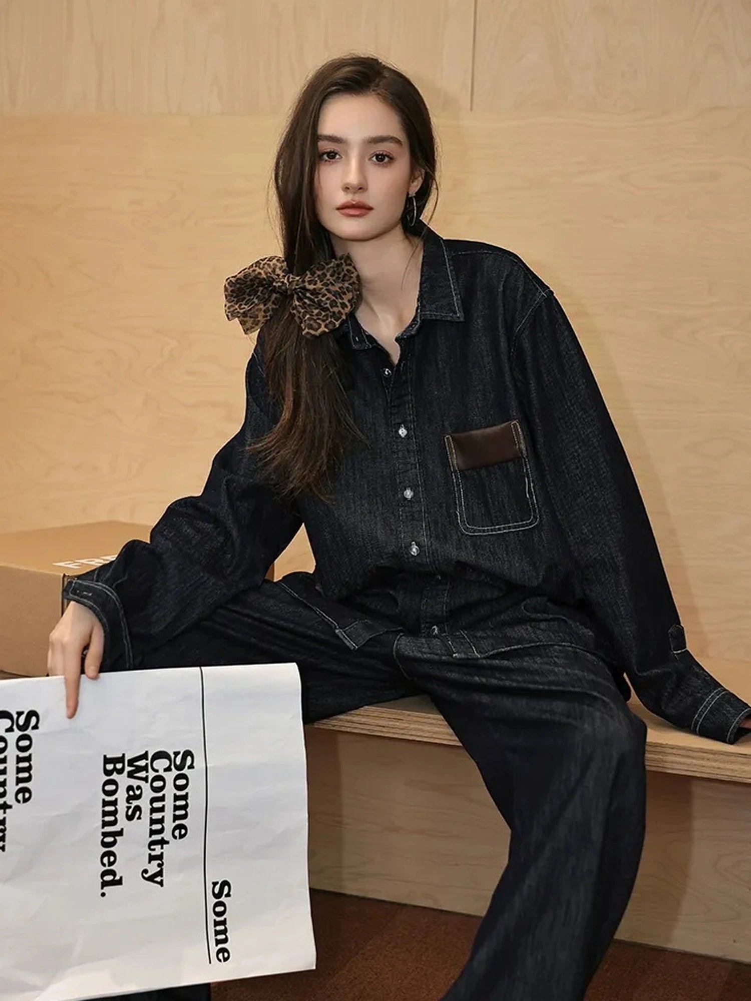 Patchwork Leather Denim Shirt Set With Wide Leg Jeans