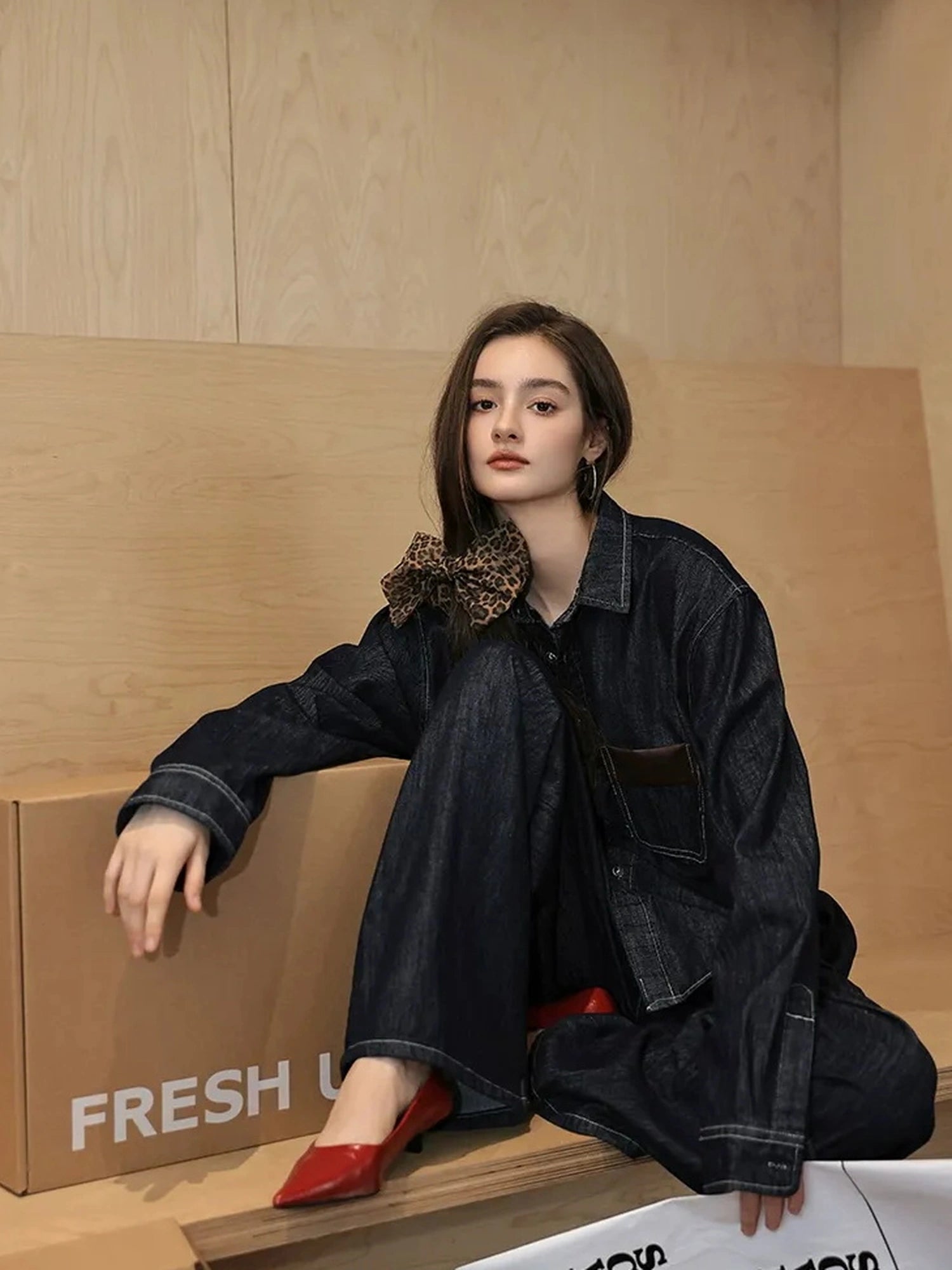 Patchwork Leather Denim Shirt Set With Wide Leg Jeans