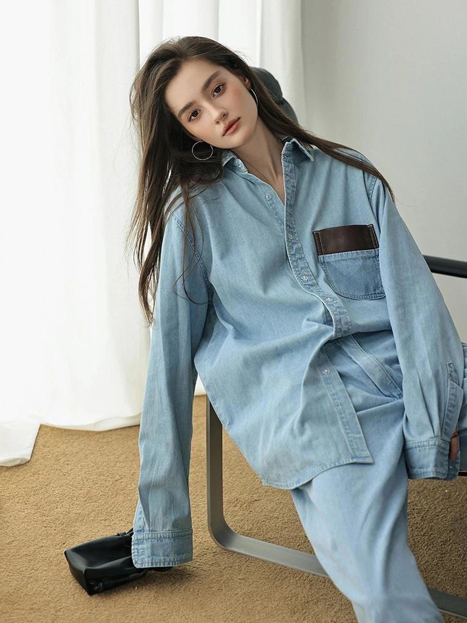 Patchwork Leather Denim Shirt Set With Wide Leg Jeans