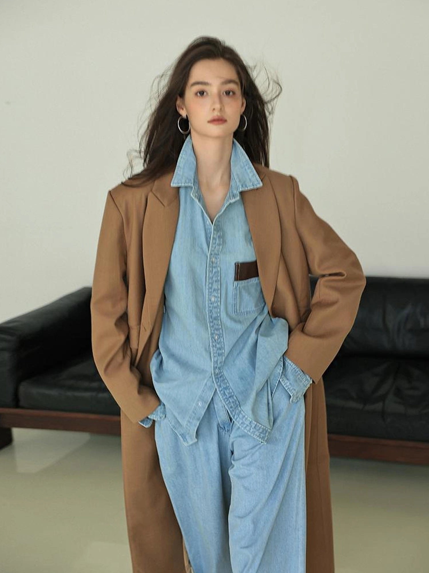 Patchwork Leather Denim Shirt Set With Wide Leg Jeans