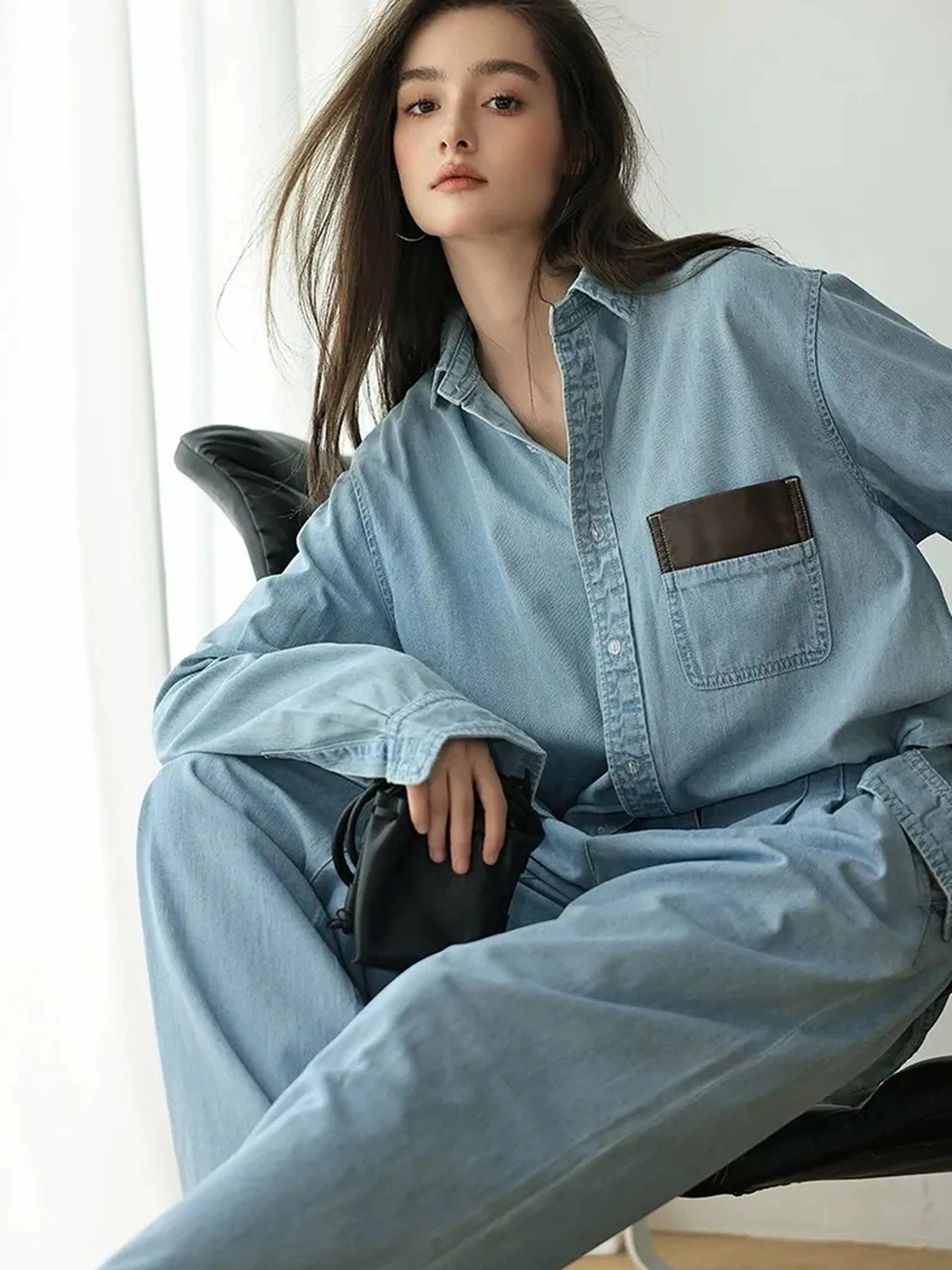 Patchwork Leather Denim Shirt Set With Wide Leg Jeans