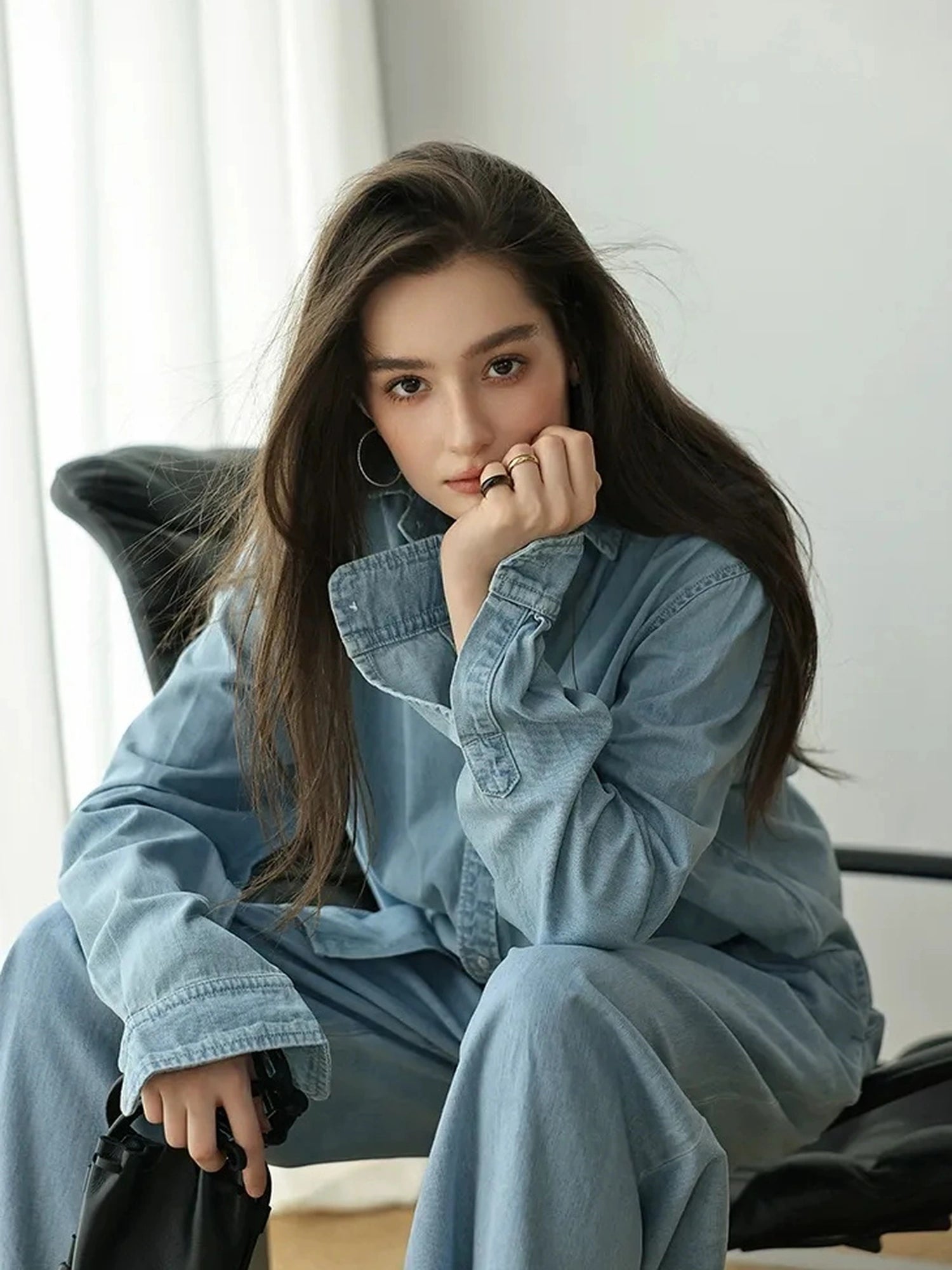 Patchwork Leather Denim Shirt Set With Wide Leg Jeans