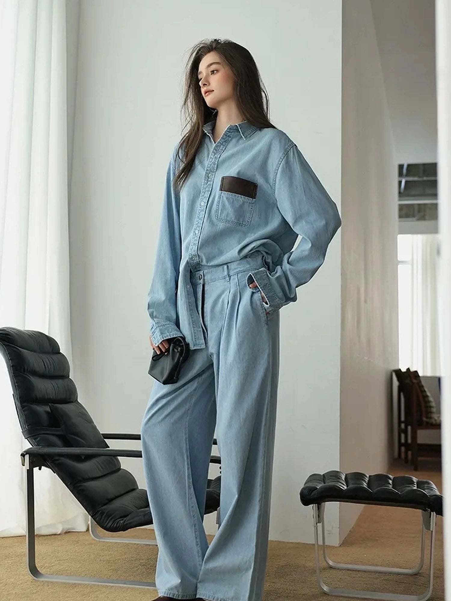Patchwork Leather Denim Shirt Set With Wide Leg Jeans