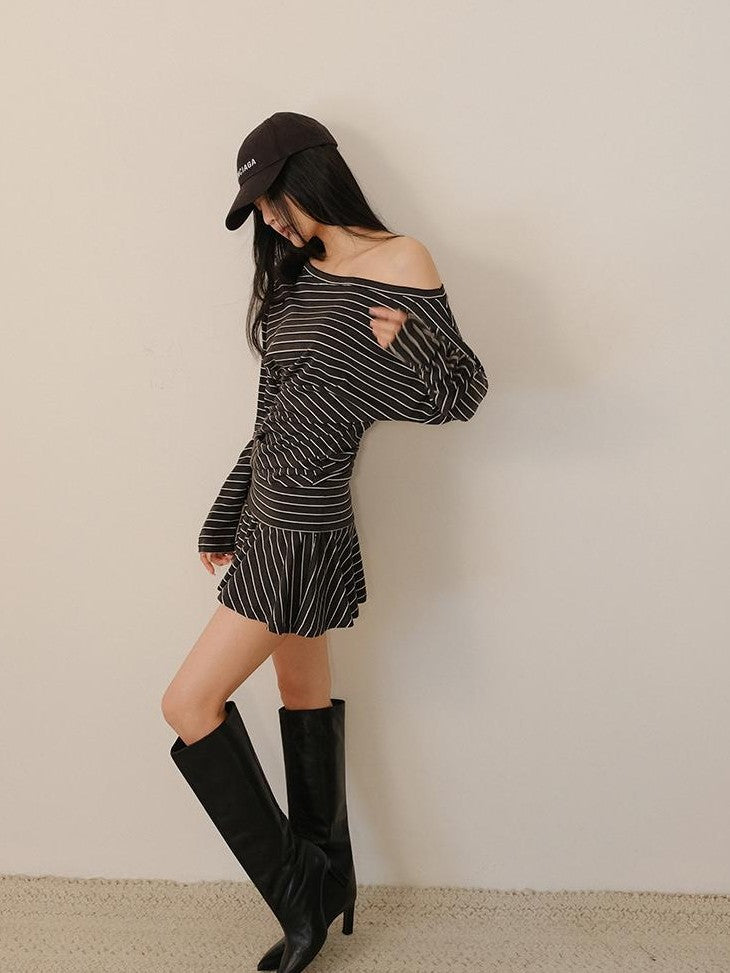 FU FRESH UP Pleated Striped Knit Asymmetric Relaxed Women&
